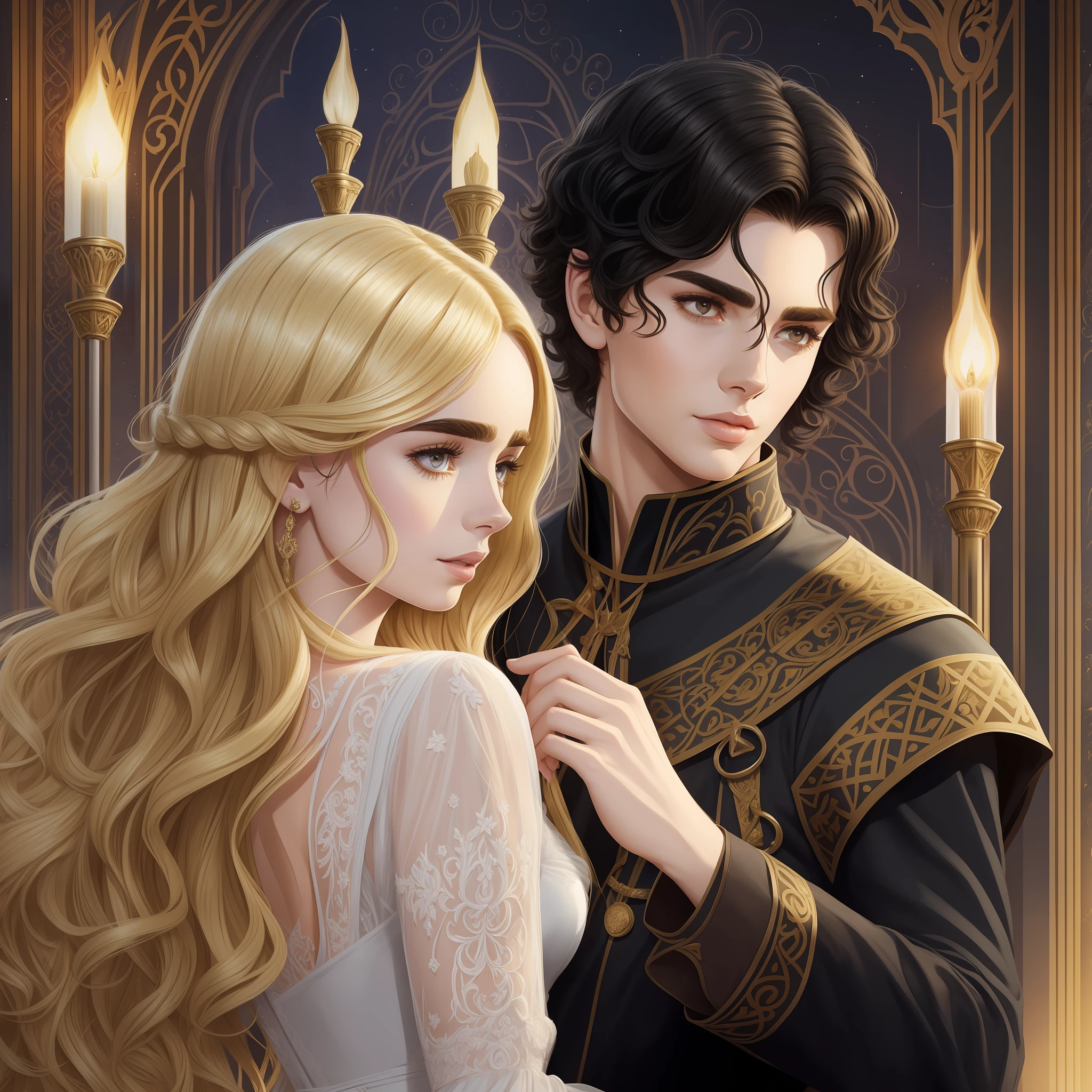 Lily Collins, who has curly black hair, wears a medieval dress. the Neels Visser wears a medieval military outfit and has blonde hair. The couple is waltzing in the ballroom. The illustration is like a book cover, bright, illuminated, ultra detailed, elegant, art by Stjepan Sejic