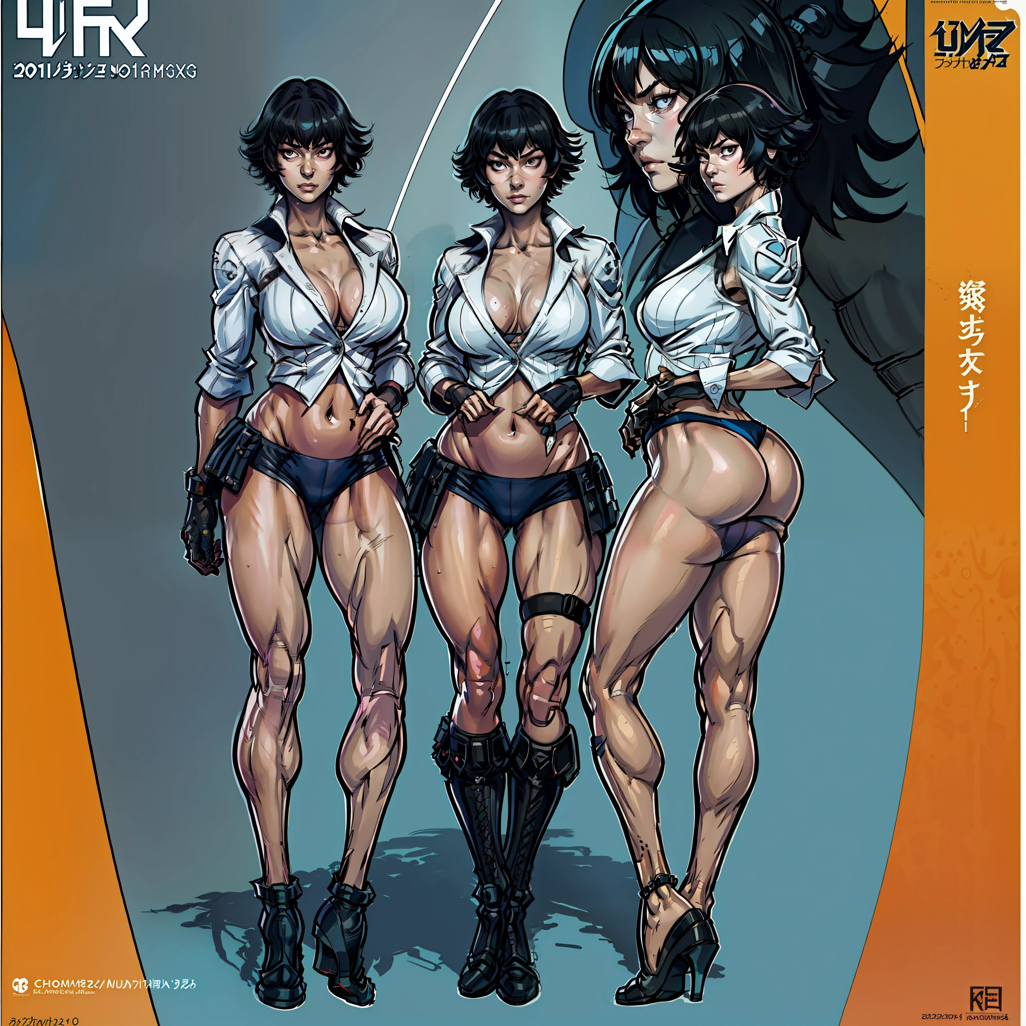 A closeup of a woman and some other poses, front side and back poses, cutesexyrobutts, woman with short hair, bright eyes, muscular!, fit body, gynoid body, sweaty body, perfect body, fit body, abdomen, large breasts, chubby butt, prancing ass, prancing butt, full body concept art, detailed full body concept art, Yusuke Murata style, Ilya Kuvshinov, Oppai proportions, official character art, uniform, full body concept, (best quality, masterpiece) a cute chibi girl,