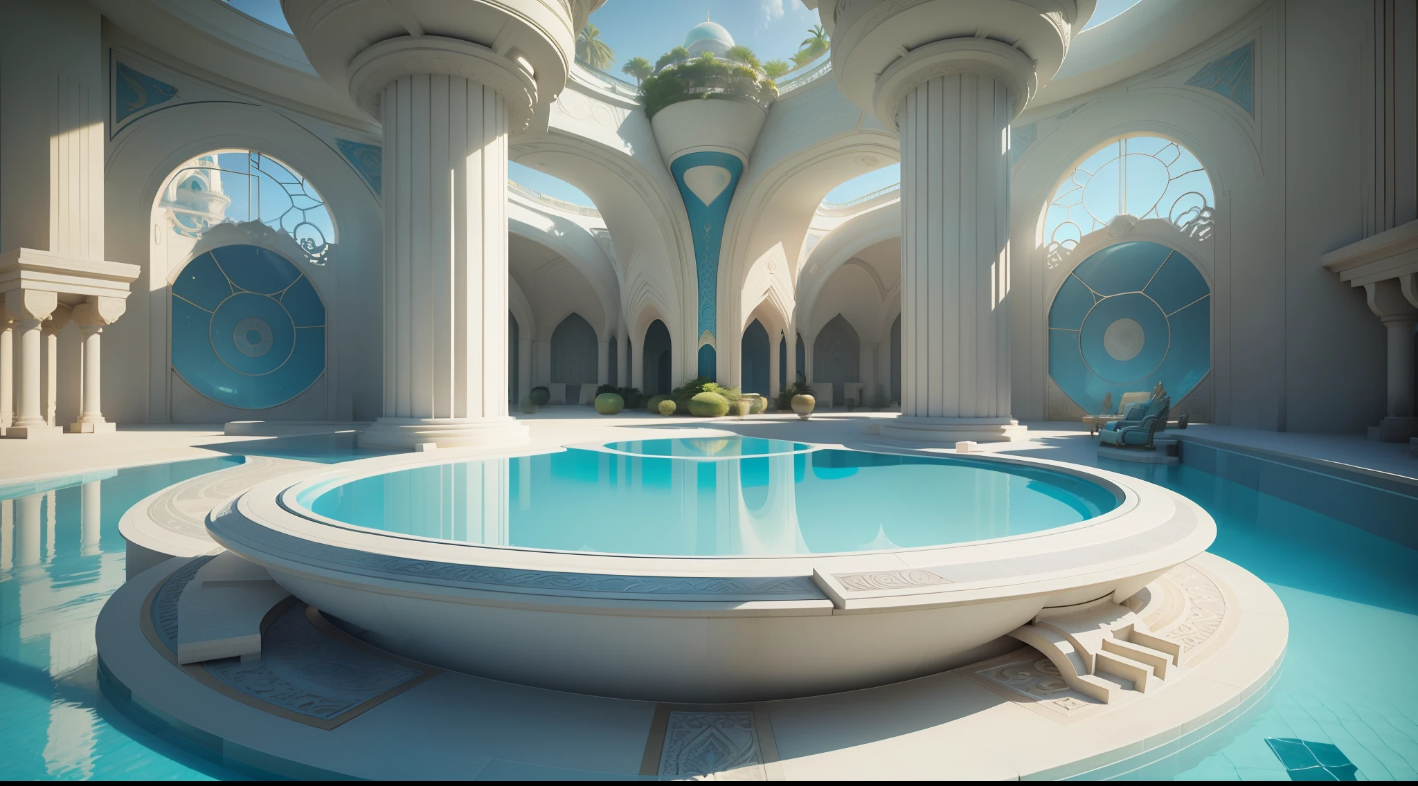 A close-up of a pool with a sun lounger, futuristic Persian palace, a pool inside the giant palace, futuristic architectural art, exquisitely designed throne room, solarpunk architecture, Vincent Callebaut, decadent throne room, organic architecture, dream pool, futuristic palace, beautiful 3D rendering, beautiful 3D rendering, underwater house