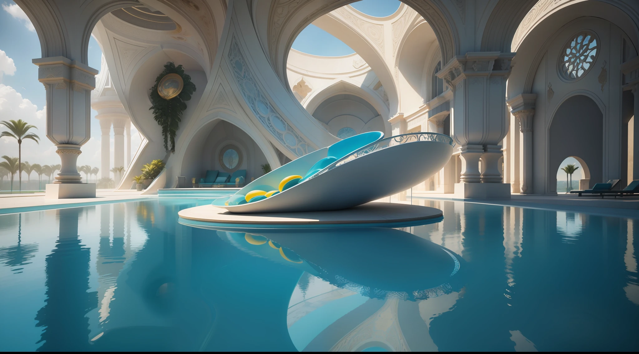 A close-up of a pool with a sun lounger, futuristic Persian palace, a pool inside the giant palace, futuristic architectural art, exquisitely designed throne room, solarpunk architecture, Vincent Callebaut, decadent throne room, organic architecture, dream pool, futuristic palace, beautiful 3D rendering, beautiful 3D rendering, underwater house