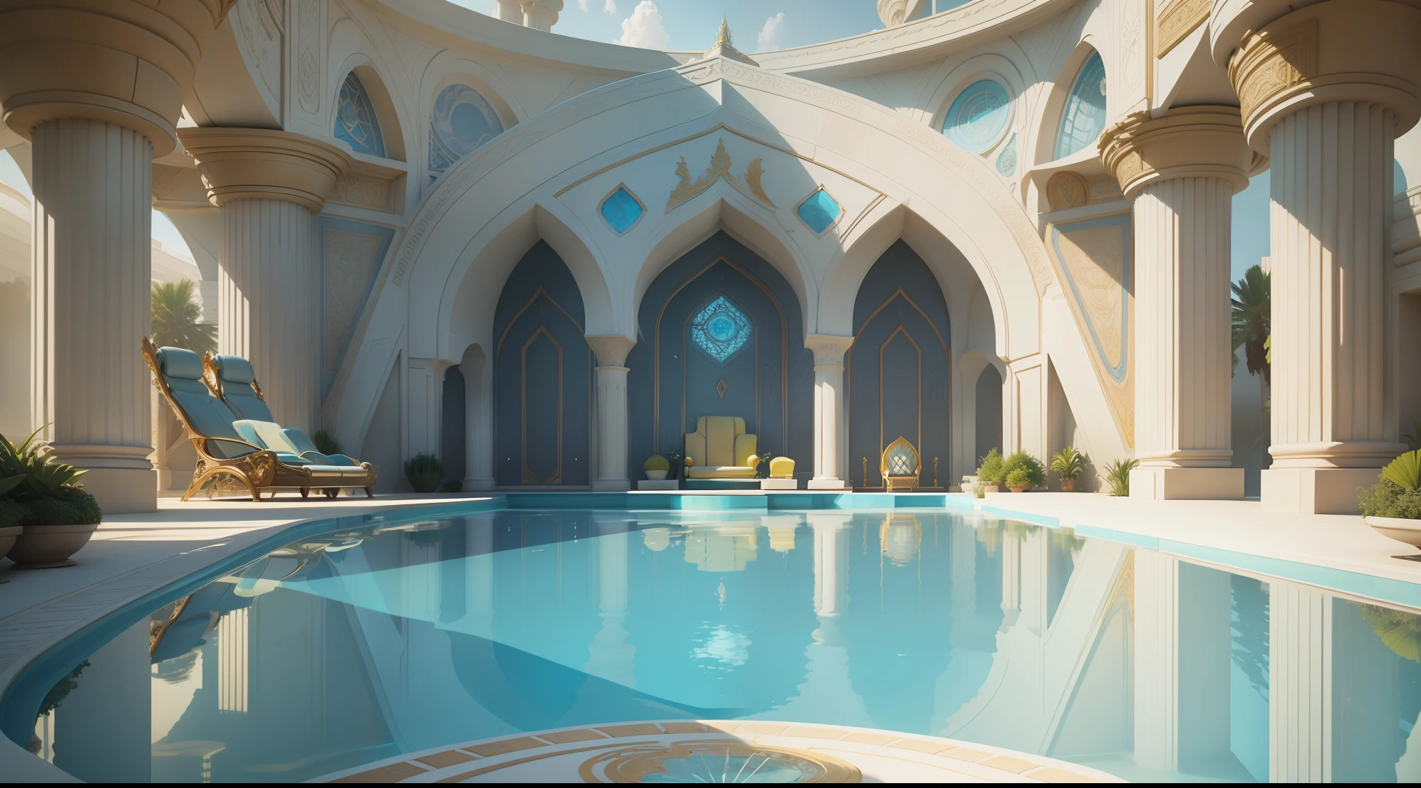A close-up of a pool with a sun lounger, futuristic Persian palace, a pool inside the giant palace, futuristic architectural art, exquisitely designed throne room, solarpunk architecture, Vincent Callebaut, decadent throne room, organic architecture, dream pool, futuristic palace, beautiful 3D rendering, beautiful 3D rendering, underwater house