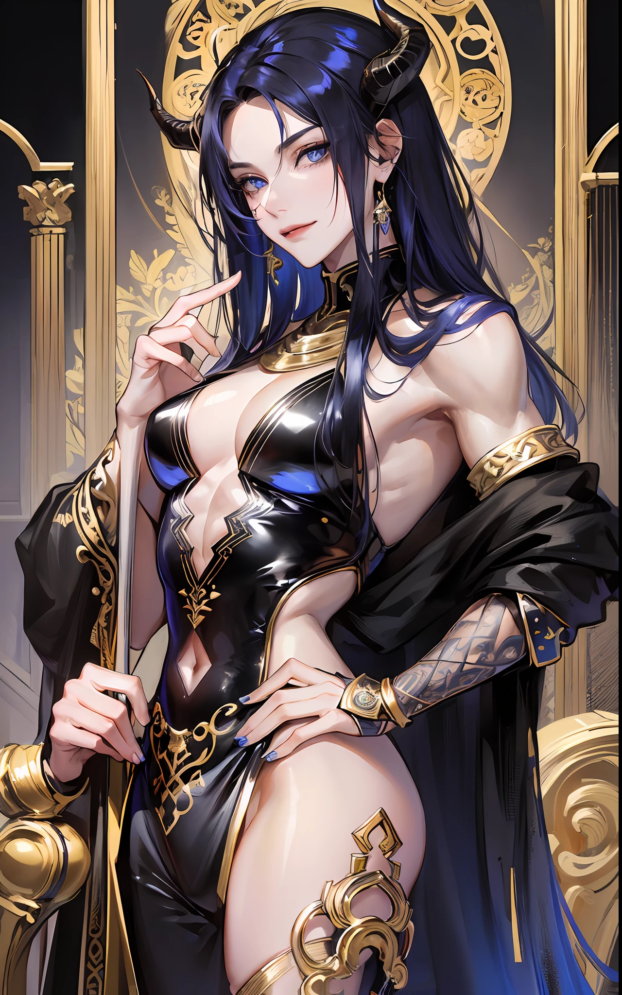 man, masculine, masculine face, attractive, muscular, ((1man)), masterpiece, absurdres, best quality ,intricate details , (shiny skin, shiny body, shiny oily luster skin, shiny hair, pale skintone), Sundown, attractive, ((muscular)), adult, one,medieval clothes, earrings, black pants, Don't look at the view , Not looking at the view, black and blue long hair, perfect detailed face, perfect detailed hands, horns,demon, blue eyes, ((MLS)), smirk, medium large shoot