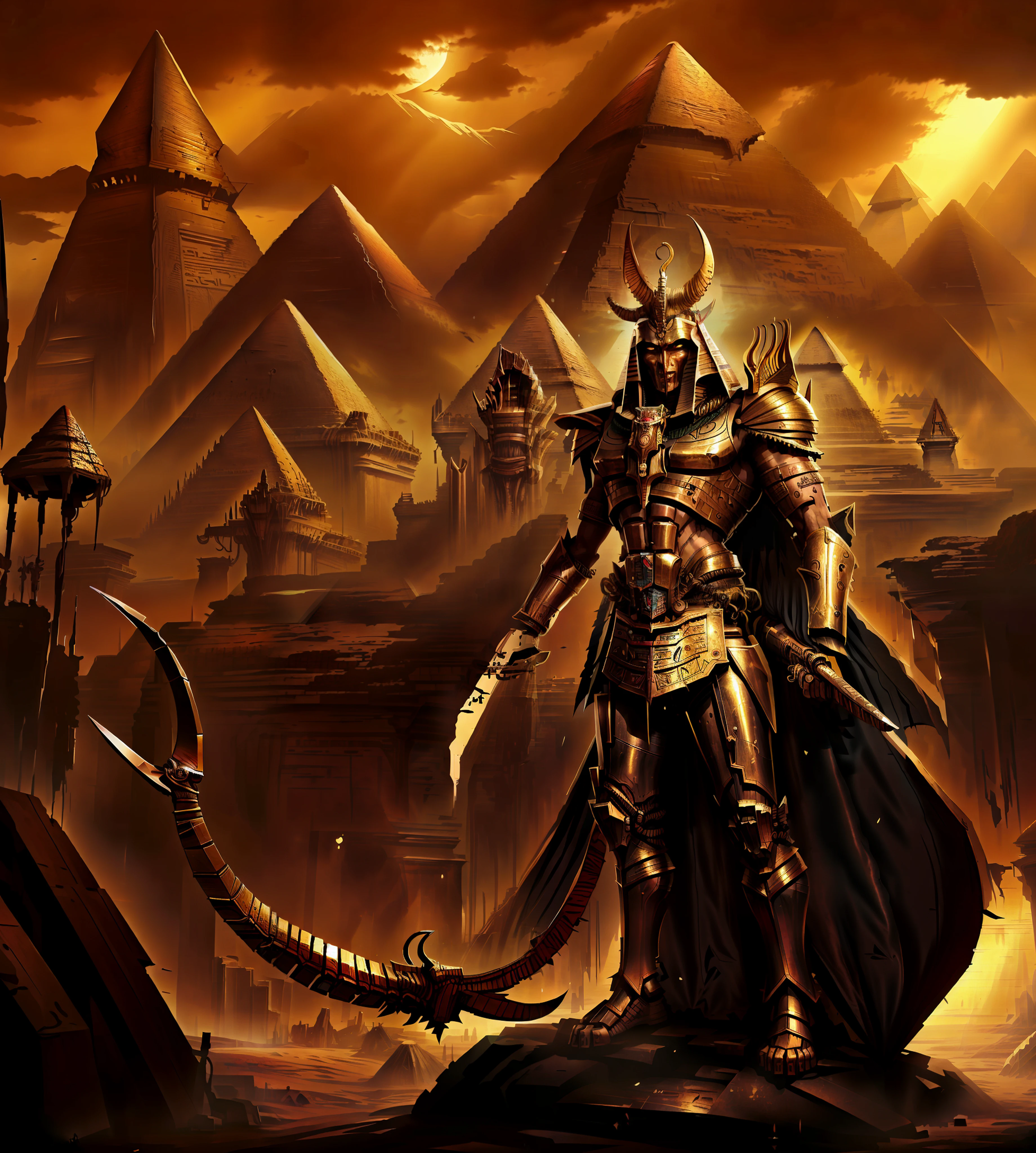 there is a man in armor standing in front of a pyramid, the god anubis, storm egyptian god, egyptian cyborg armor, anubis, epic fantasy digital art style, the egyptian god, mystical anubis valkyrie, bastet, an undead desert lich pharaoh, tiefling, angry god anubis, cosmic tiefling d&d, anubis reptilian