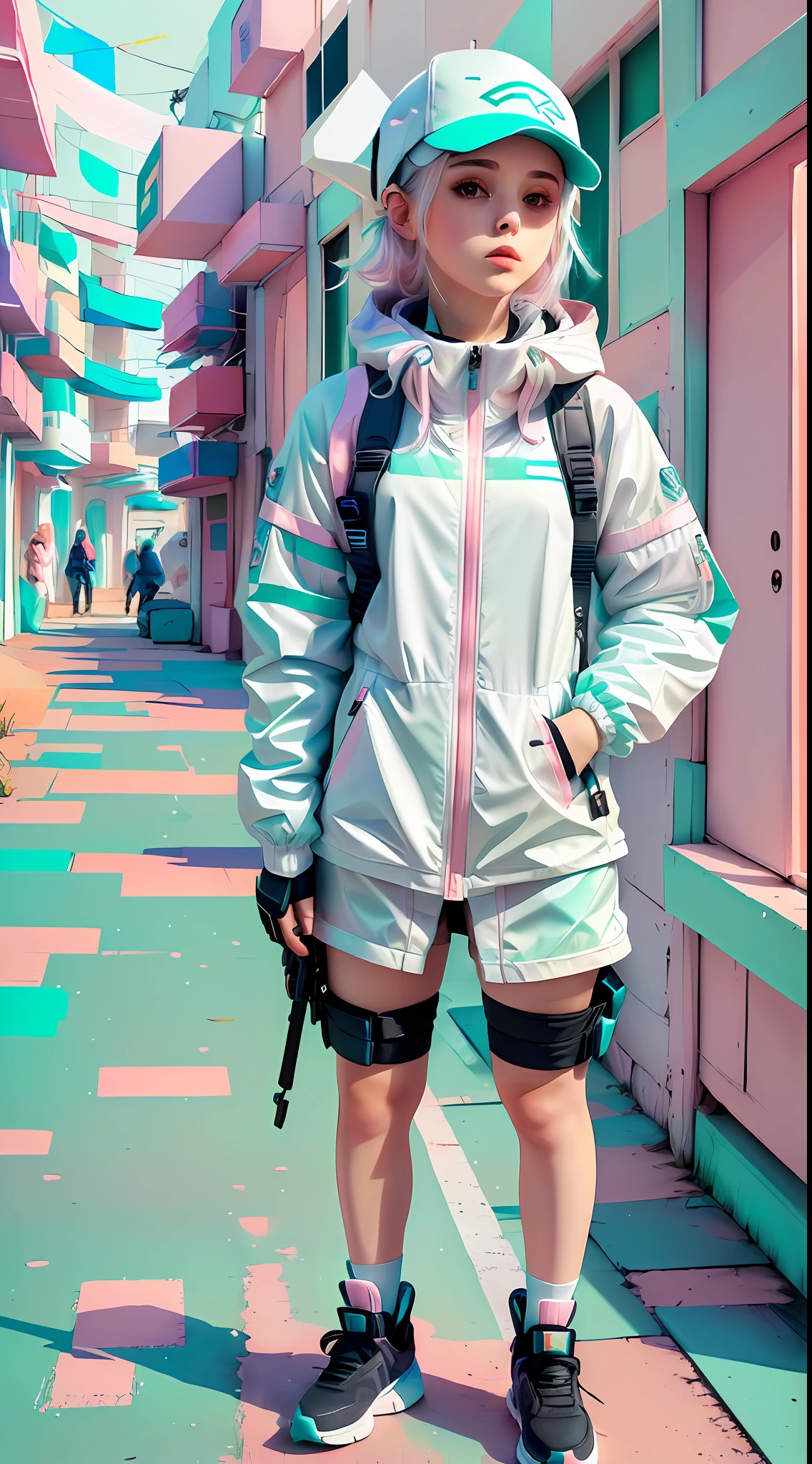 white,totally white,pastel colors,hachures,1girl with techwear clothes,sexy,papercute background