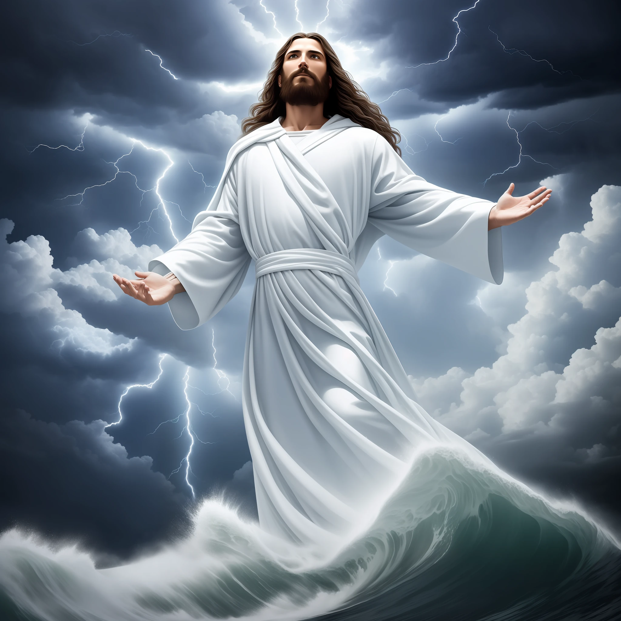 Jesus Christ reaching out to me, a storm, white robes, waves, soft expression, dark sky with lightning, lightning, photo realism
