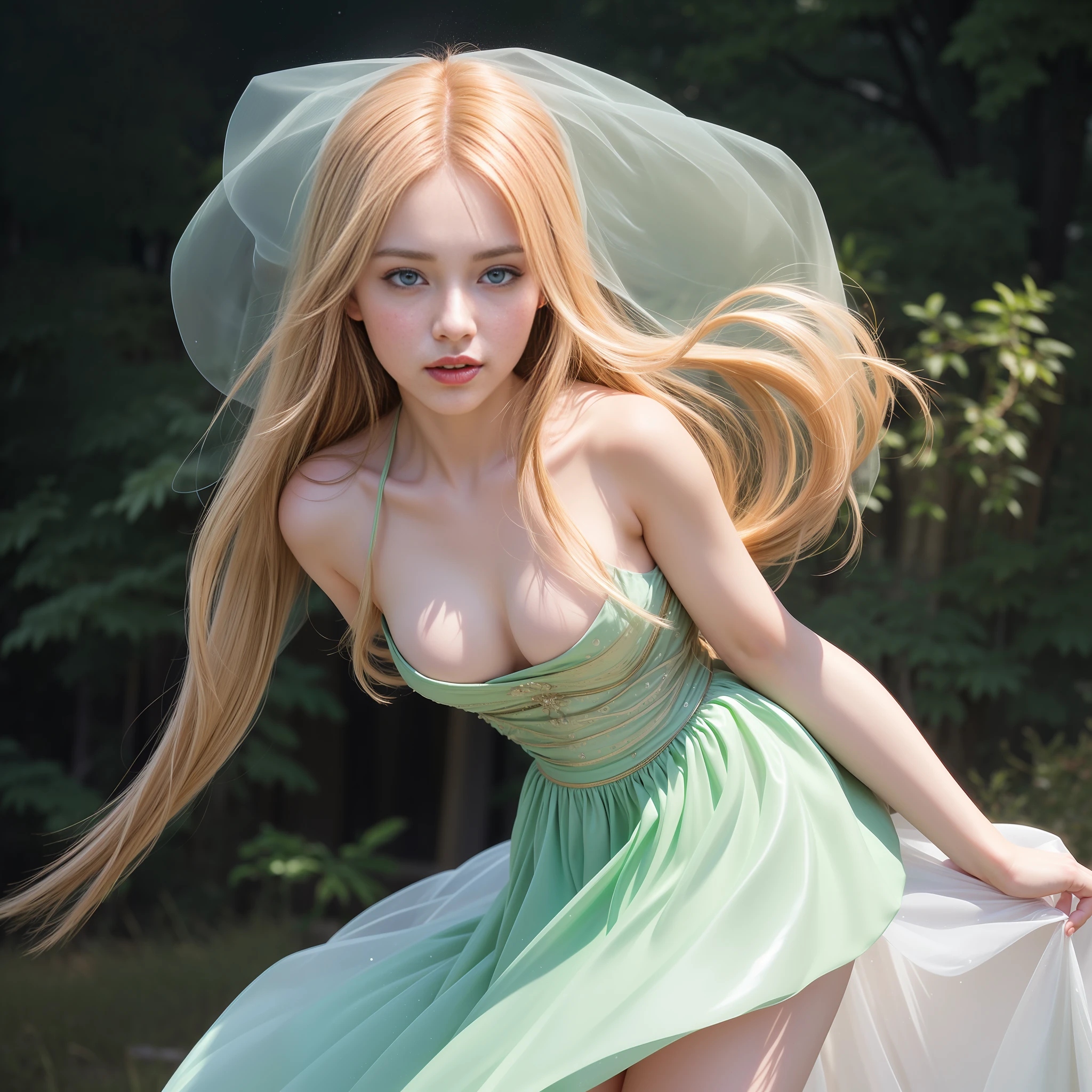 (ultra-detailed masterpiece),(CG unity best quality),(dynamic angle,dynamic pose),(1girl),(long hair),(blue eyes),(light skin), (rosy cheeks),(dreamy expression),(green dress),(overflowing skirts),(transparent veil),(floating),(glittering droplets of water),(dusk),(twilight),(watercolor)