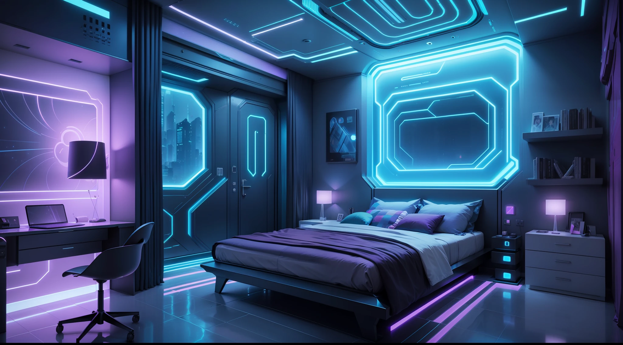 there is a bedroom with a bed and a chair in it, futuristic room, futuristic room background, cozy 9 0 s bedroom retrofuturism, futuristic decor, retro futuristic apartment, futuristic interior, cyberpunk teenager bedroom, galaxy themed room, futuristic decoration, cyberpunk childrens bedroom, cyberpunk apartment, futuristic ambiance, the cyberpunk apartment, in a cyberpunk themed room, futuristic looking living room