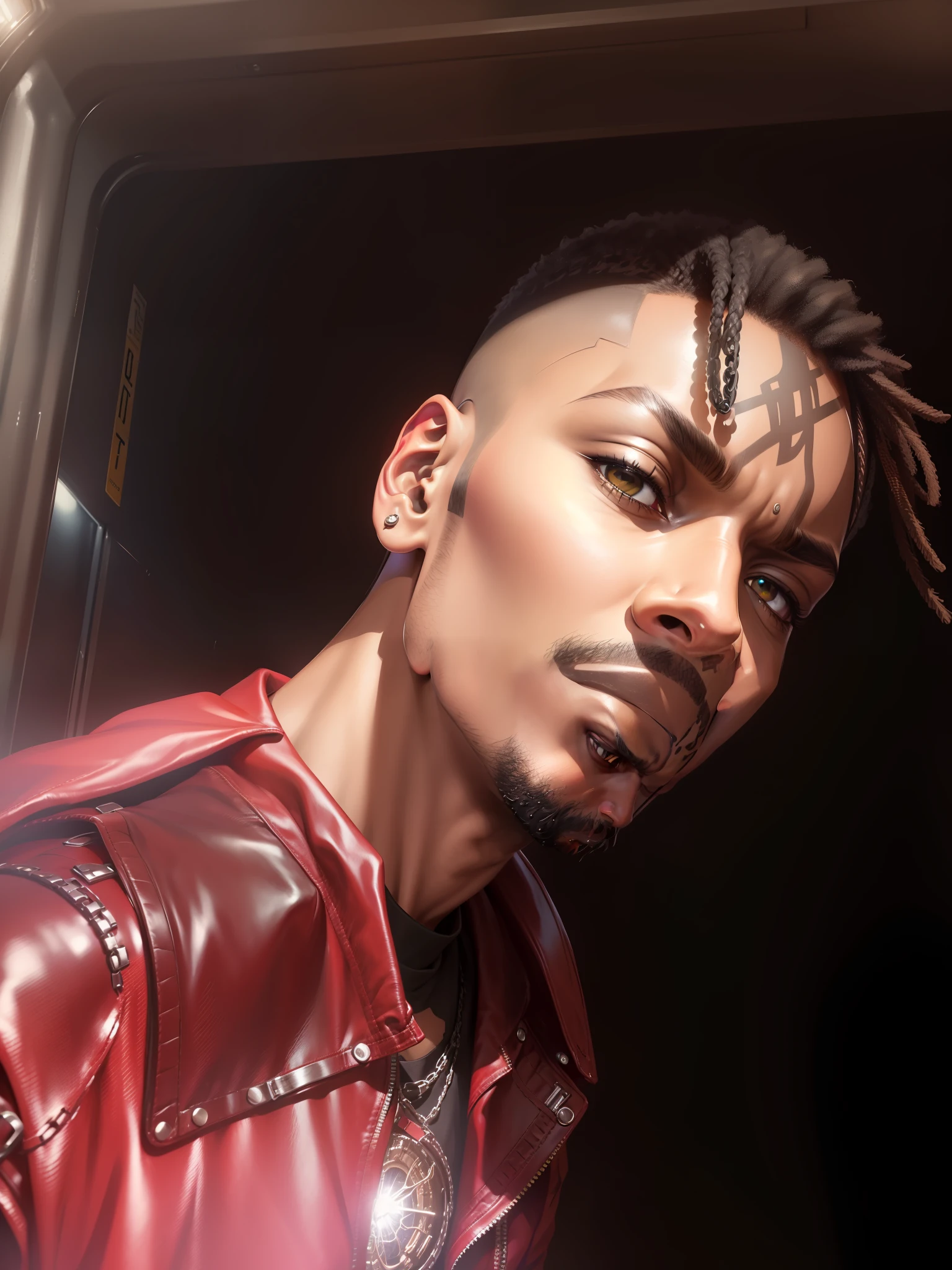 a 21 inch african man sitting on the couch of cpiro, buzzcut, sitting, black leather jacket, black shirt, intense, grumpy, background is a subway car, underground, dark, dramatic lighting, intricate, dark, (sci-fi:1.3), detailed face and eyes, highly detailed skin, 8k uhd, sharp focus, professional, best quality