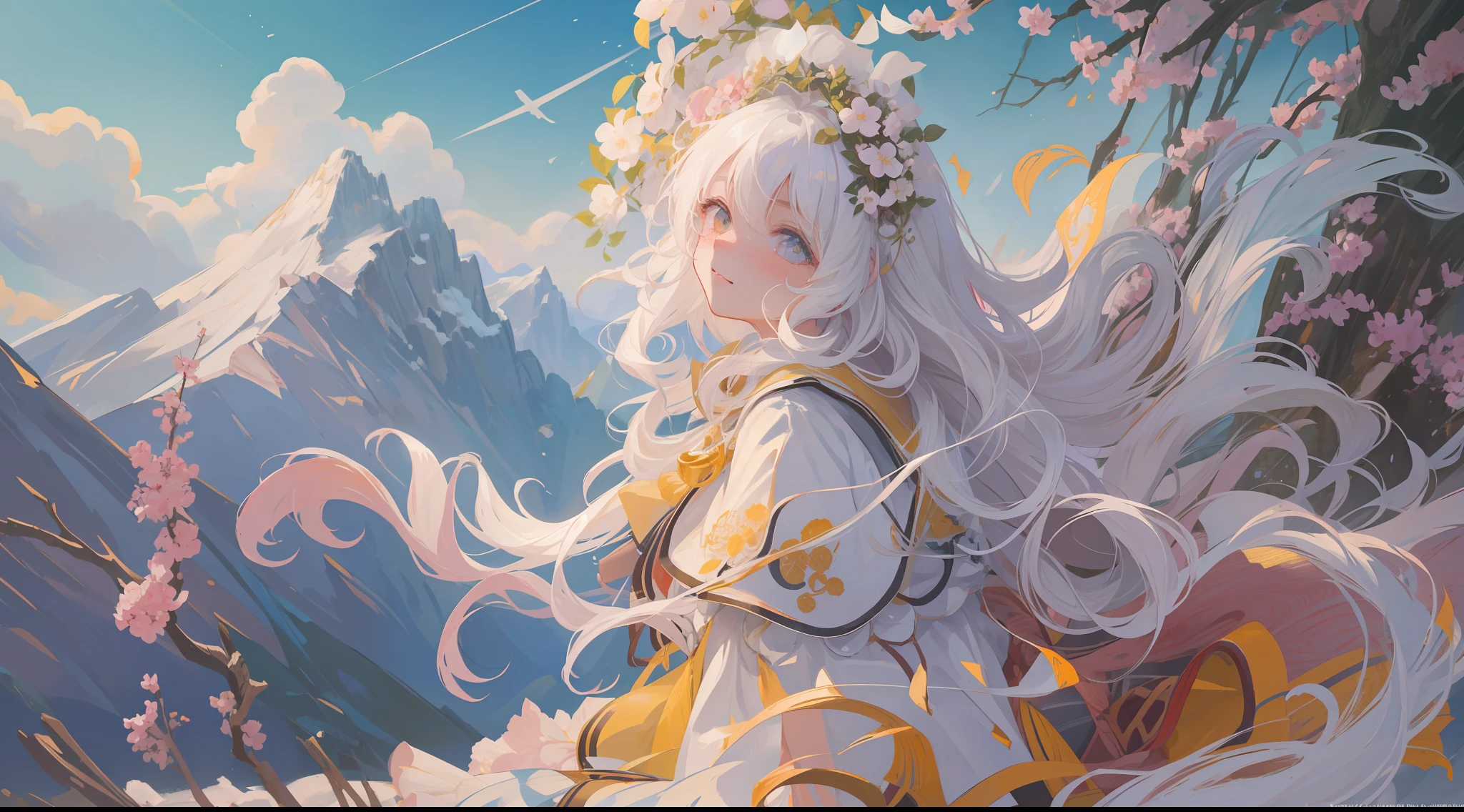 (1girl:1.2), slight blush, hands down, wavy hair, long hair, fluffy hair, white hair, yellow eyes, sakura tree, hair flower, capelet, lace trim, bodice, wind, winter, mountain range, mountain sitting near mountain, detailed water, sparkling eyes, light smile, peaceful, extremely detailed, depth of field, cinematic lighting, Ghibli-like colours, high detail, scenery, high place, horizon, wind, wind blow, looking at viewer,  lolita clothes, 8k, bokeh, from side, award winning, (masterpiece:1.2), best quality, anatomically correct, perfect hands