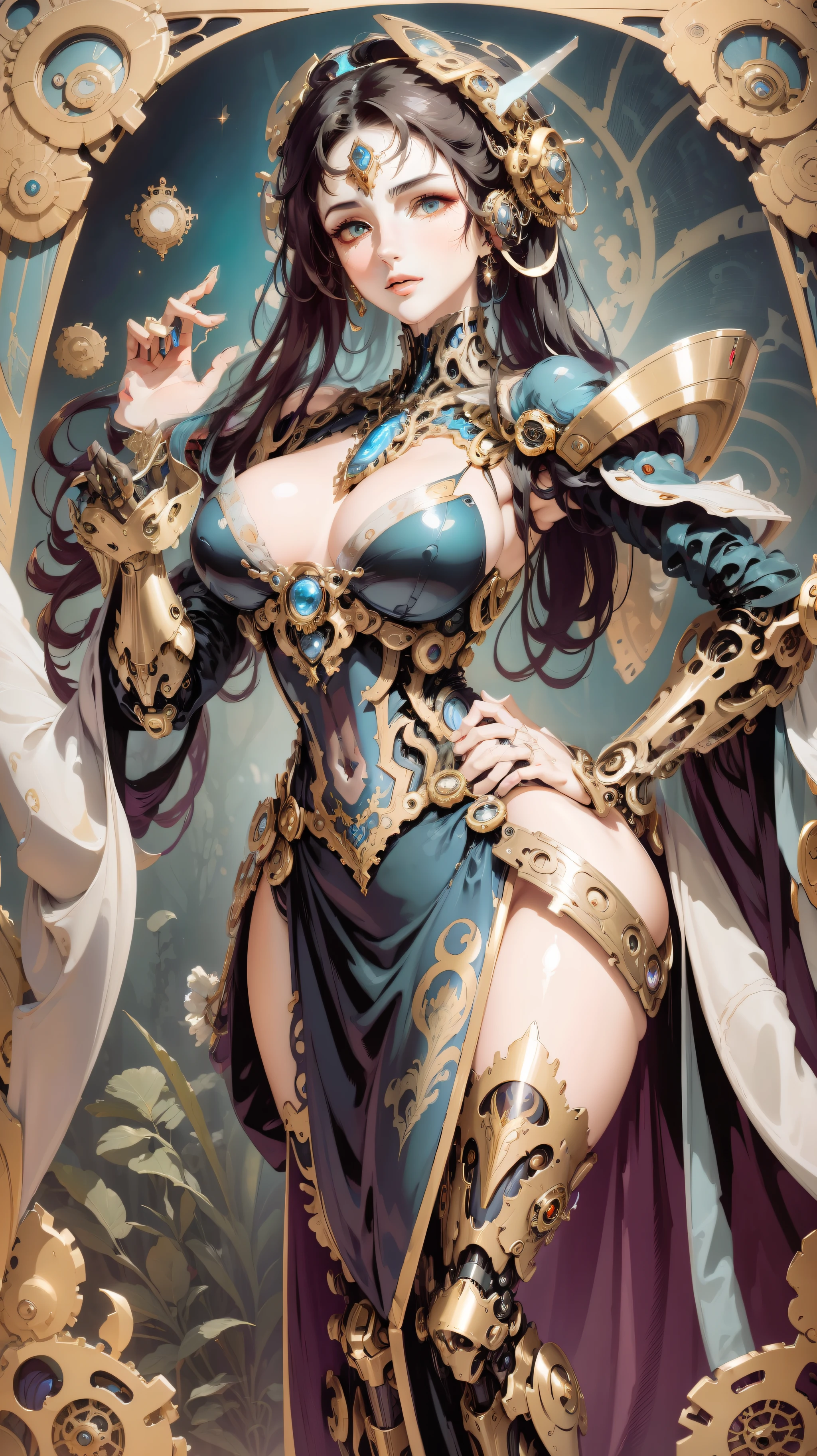 Avant-garde fusion of steampunk mecha and elegant Victorian-era female protagonist, intricate gears and machinery, (vibrant colors:1.3), (high detail:1.5), reminiscent of (Alphonse Mucha:1.2) art nouveau portraits, tophat adorned with brass goggles, (futuristic mechanical augmentations:1.1), lavish gown, (graceful:1.3) pose, complemented by an industrial revolution-inspired backdrop