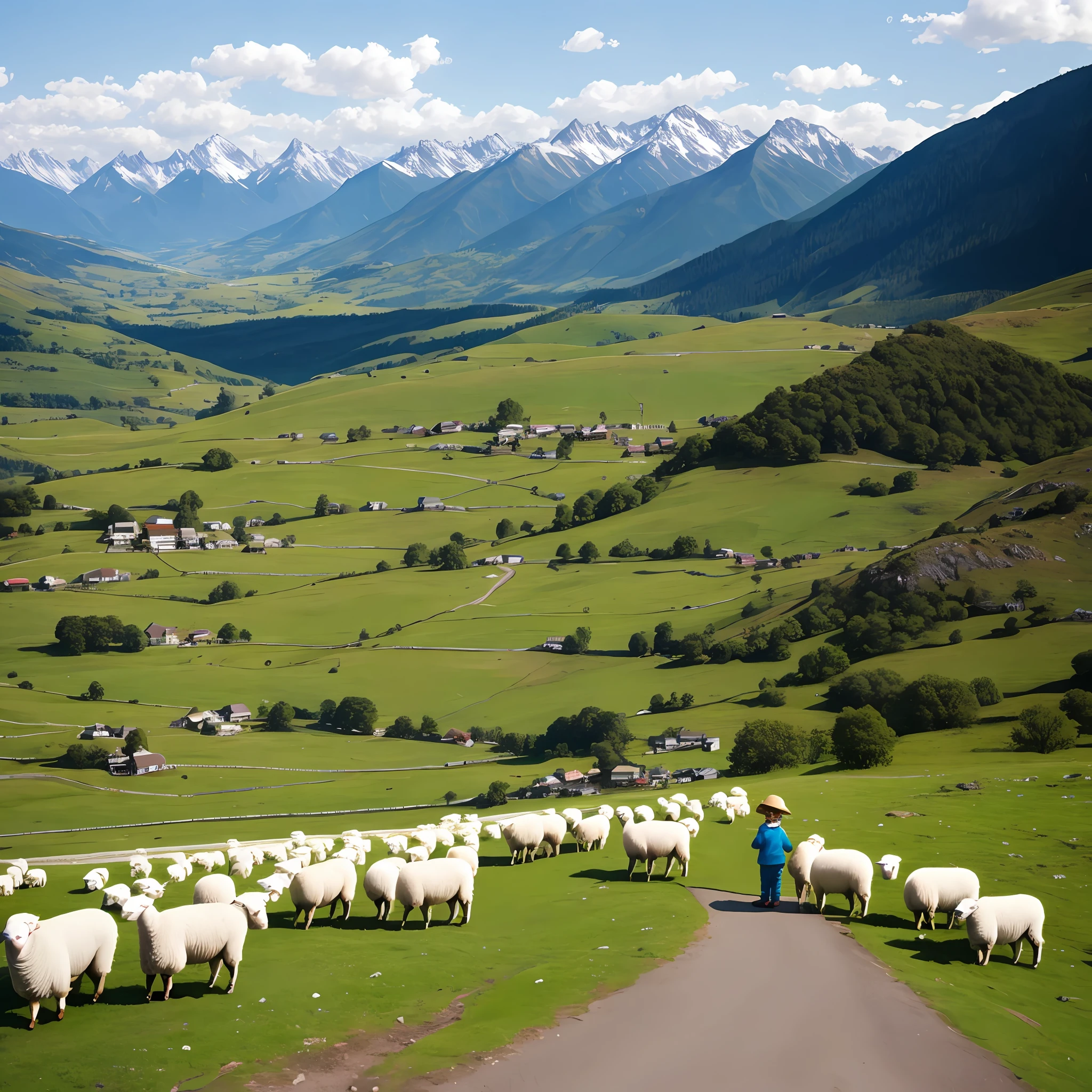 A road, mountains in the distance, a little boy and staff surrounded by white sheep