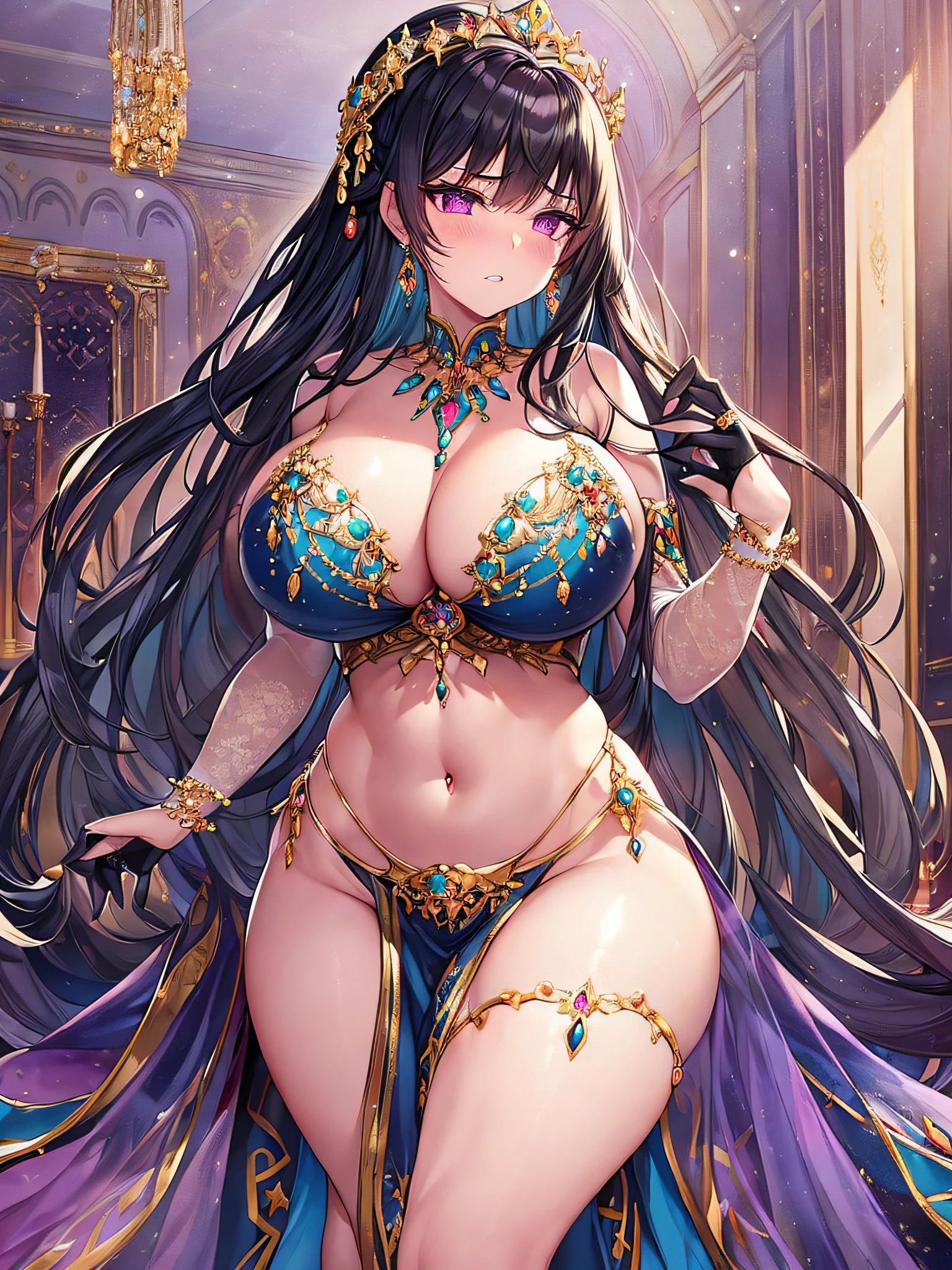 ((vulgarity)),((anime moe artstyle)),((Masterpiece)), (Best Quality), (Super Detail), Illustration, (((Very Delicate and Beautiful))),Dynamic Angle,Looking at viewer,((((Solo)))),(((Full body))),(((1 arrogant empress standing in the royal bedroom))),(((nude))),((((gigantic breasts)))),cleavage,((skindentation)),((((jeweled gorgeous embroidery See-through loose bra)))),erect nipple,(((jeweled gorgeous embroidery See-through panties))),((gold trim)),(dancing),(arrogant),((clenched teeth)),(((blush))),(Purple eyes),Sharp eyes,Detailed Face, Long Eyelashes,Jet Black Hair,Straight Hair,((Very Long Hair)),Bangs between eyes,curvy,See-through,((navel piacing)), (((waist jeweled brooch))),jeweled thigh strap, jeweled arm ring, anklet, jeweled armlet,long gloves,Beautifully Gorgeous jeweled big tiara,Beautifully Gorgeous gem earrings,Beautifully Gorgeous jeweled necklace,Beautifully Gorgeous jeweled ornaments,indoor,light particles,royal bedroom,