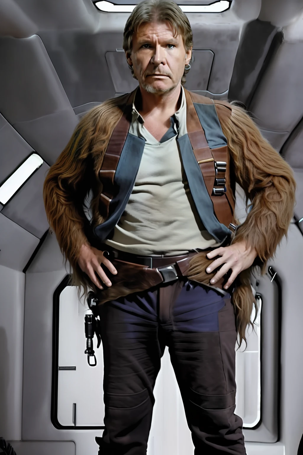 Han solo, Harrison Ford, of star wars with the (((Chewbacca's body)))), realistic the setting is extremely reslist, in the world star wars. Whole body. Detailed.