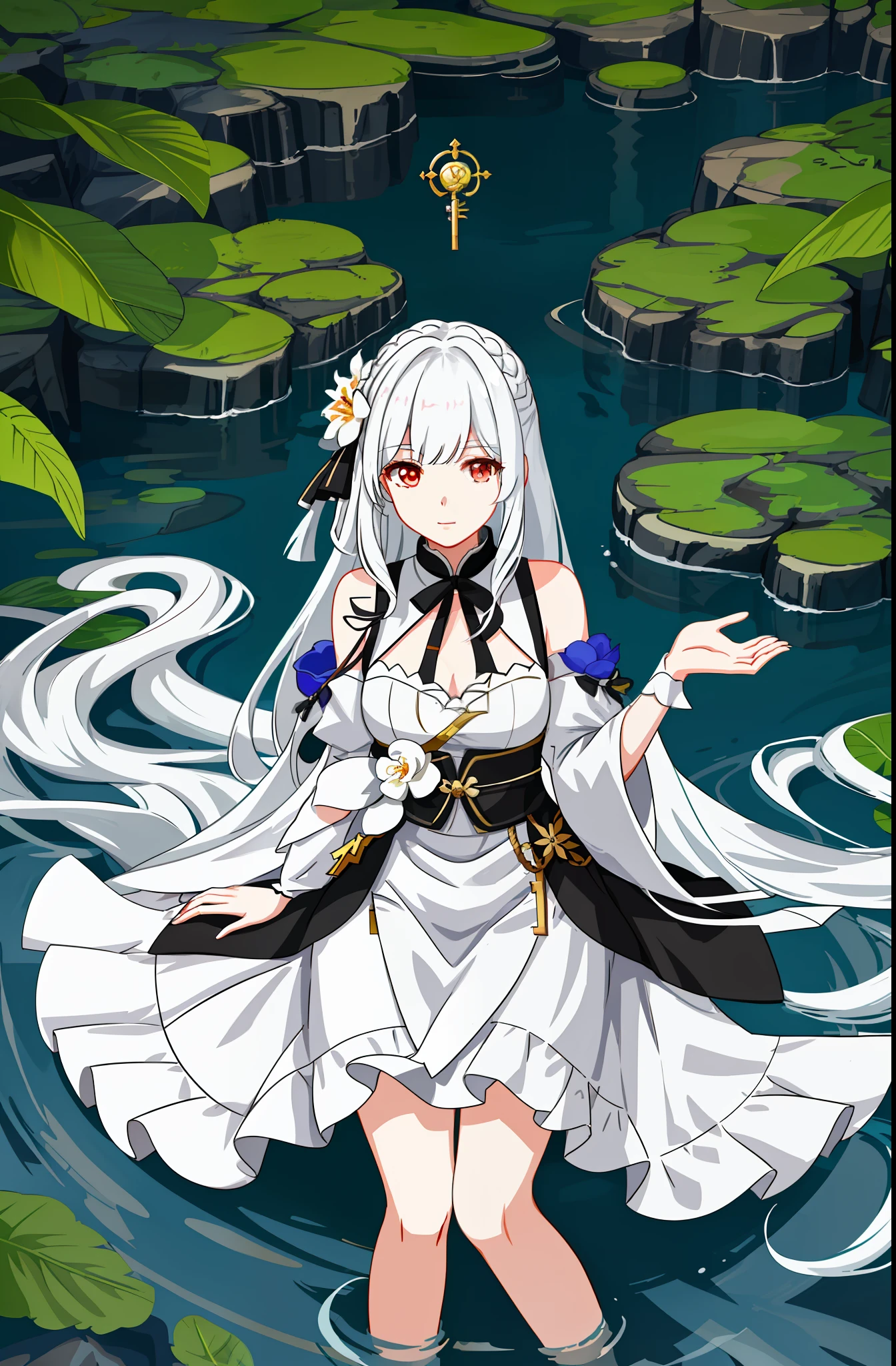 a woman sitting on a dock with a flower in her hand, a character portrait inspired by Pu Hua, pixiv contest winner, tachisme, cute anime waifu in a nice dress, ayaka genshin impact, white haired deity, anime visual of a cute girl, detailed key anime art, girl with white hair, shadowverse style, fine details. girls frontline