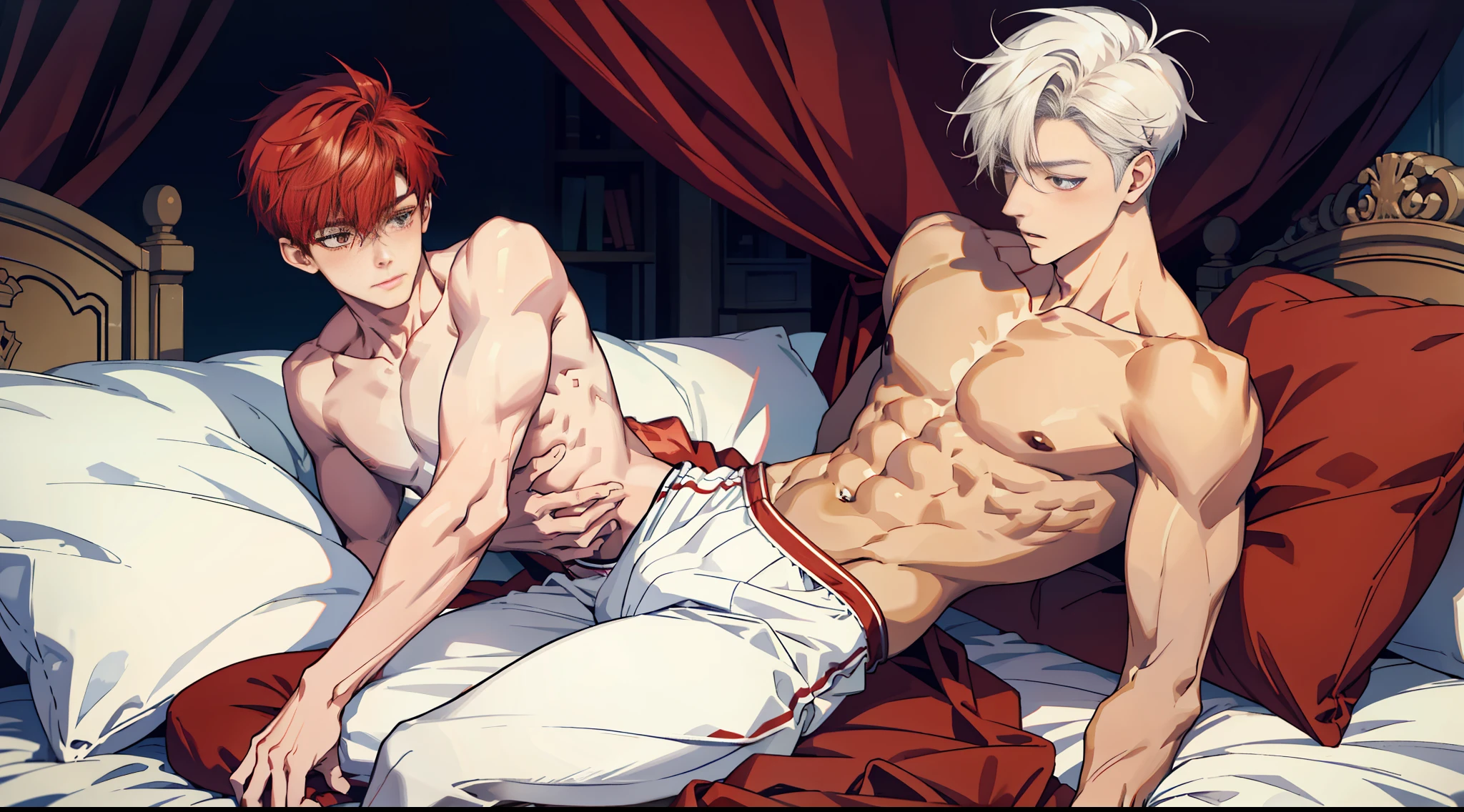 2boys, man in white underwear sitting on a bed with a red blanket, twink, 17 years old, teen boy, handsome pale, mature, muscular young man, smooth red skin, very smooth, anton, teenage boy, dylan cole, white skirt and barechest, well proportioned, cute, blushing, spreading legs, yaoi. men entwined, sexuall,