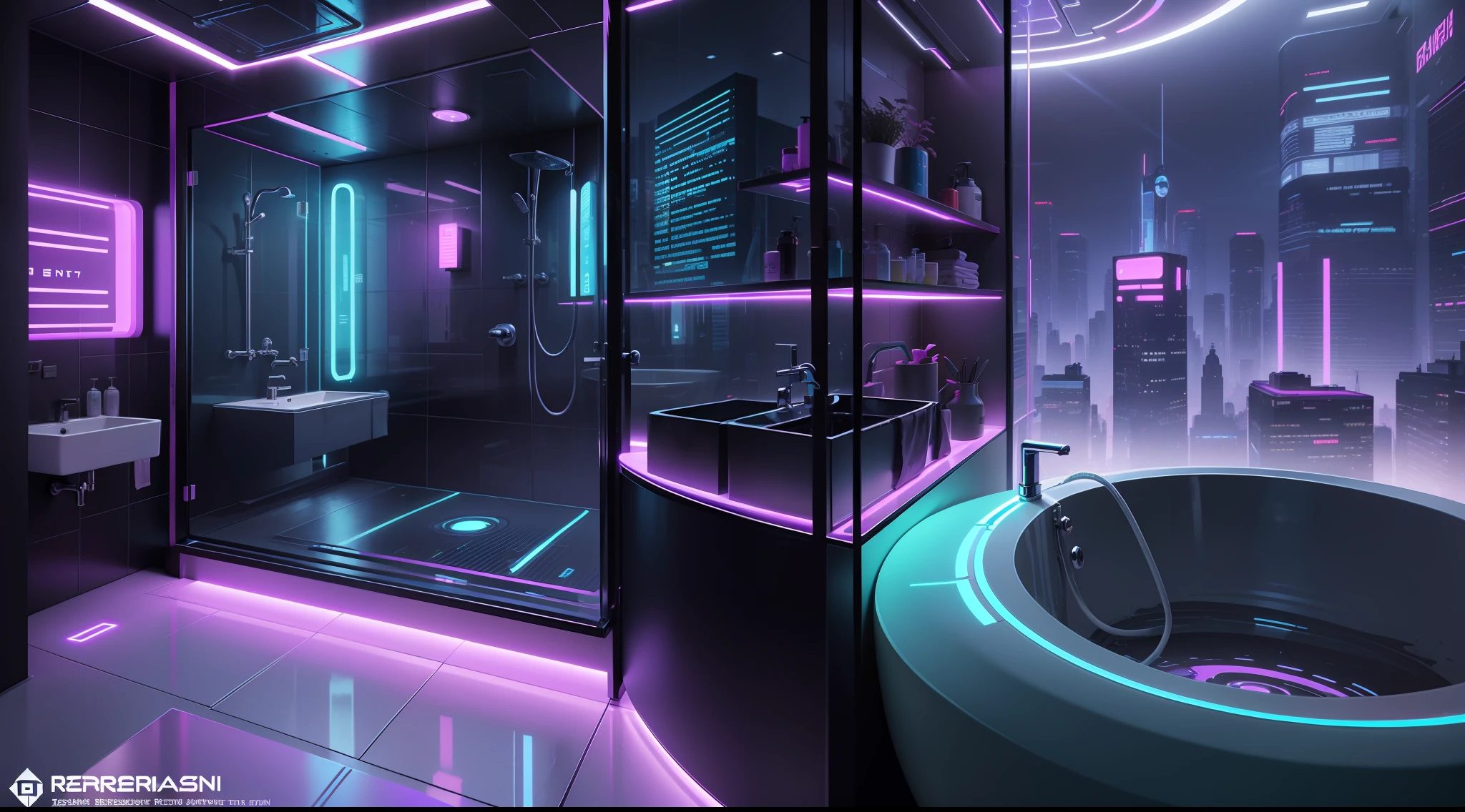 there is a bathroom with a glass shower and a sink, cyberpunk apartment, cyberpunk ikea, futuristic. game cg, the cyberpunk apartment, in a cyberpunk themed room, futuristic room, futuristic decor, futuristic room background, cgsociety 9, cyberpunk childrens bedroom, retro futuristic apartment, futuristic interior, futuristic ambiance, gaming toilet, cyberpunk style , hyperrealistic, futuristic design