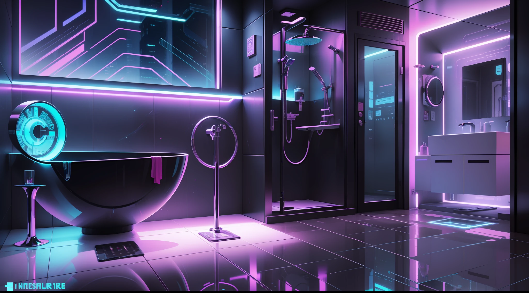 there is a bathroom with a glass shower and a sink, cyberpunk apartment, cyberpunk ikea, futuristic. game cg, the cyberpunk apartment, in a cyberpunk themed room, futuristic room, futuristic decor, futuristic room background, cgsociety 9, cyberpunk childrens bedroom, retro futuristic apartment, futuristic interior, futuristic ambiance, gaming toilet, cyberpunk style , hyperrealistic, futuristic design