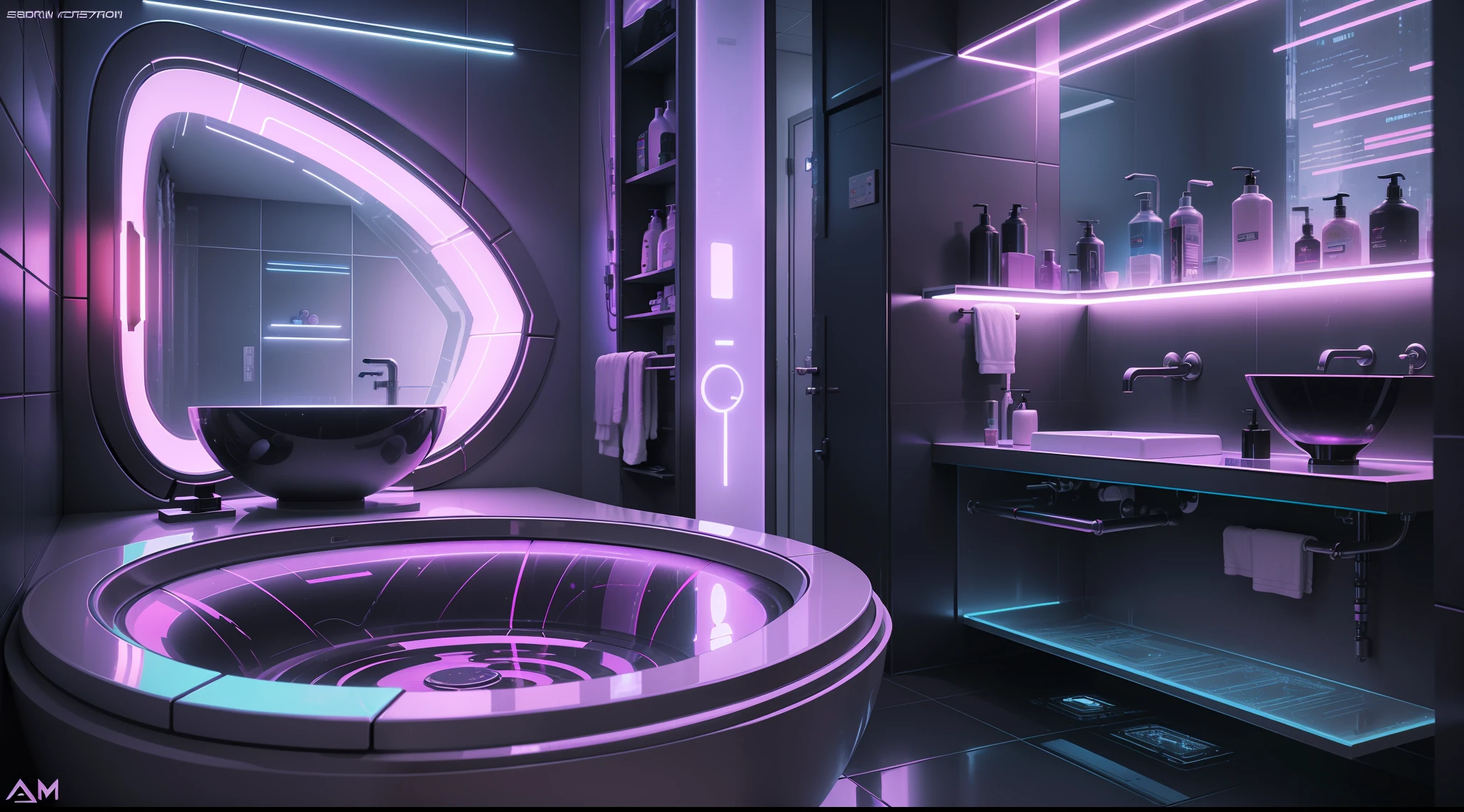 there is a bathroom with a glass shower and a sink, cyberpunk apartment, cyberpunk ikea, futuristic. game cg, the cyberpunk apartment, in a cyberpunk themed room, futuristic room, futuristic decor, futuristic room background, cgsociety 9, cyberpunk childrens bedroom, retro futuristic apartment, futuristic interior, futuristic ambiance, gaming toilet, cyberpunk style , hyperrealistic, futuristic design