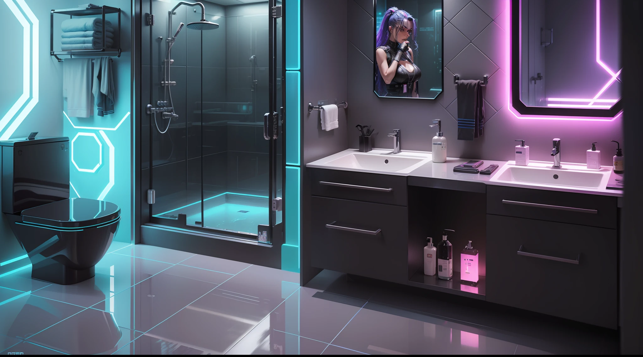 there is a bathroom with a glass shower and a sink, cyberpunk apartment, cyberpunk ikea, futuristic. game cg, the cyberpunk apartment, in a cyberpunk themed room, futuristic room, futuristic decor, futuristic room background, cgsociety 9, cyberpunk childrens bedroom, retro futuristic apartment, futuristic interior, futuristic ambiance, gaming toilet, cyberpunk style ， hyperrealistic, futuristic design