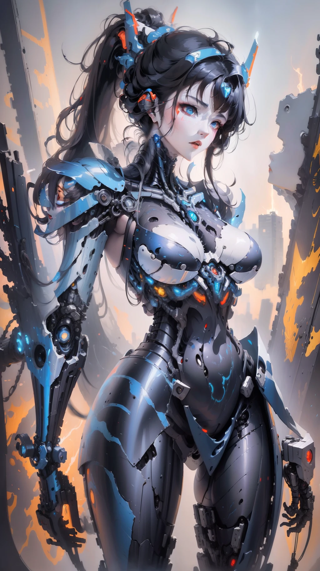 Cyberpunk-themed mecha warrior woman, (wearing:1.2) exoskeleton armor, (glowing:1.4) energy lines, in a combat pose, (impressionism:1.1), ('rough painting style':1.5), ('palette knife':1.2), fierce heroine influenced by (H. R. Giger's:1.3) biomechanical designs, surrounded by futuristic dystopian cityscape, (dramatic:1.1), moody lighting
