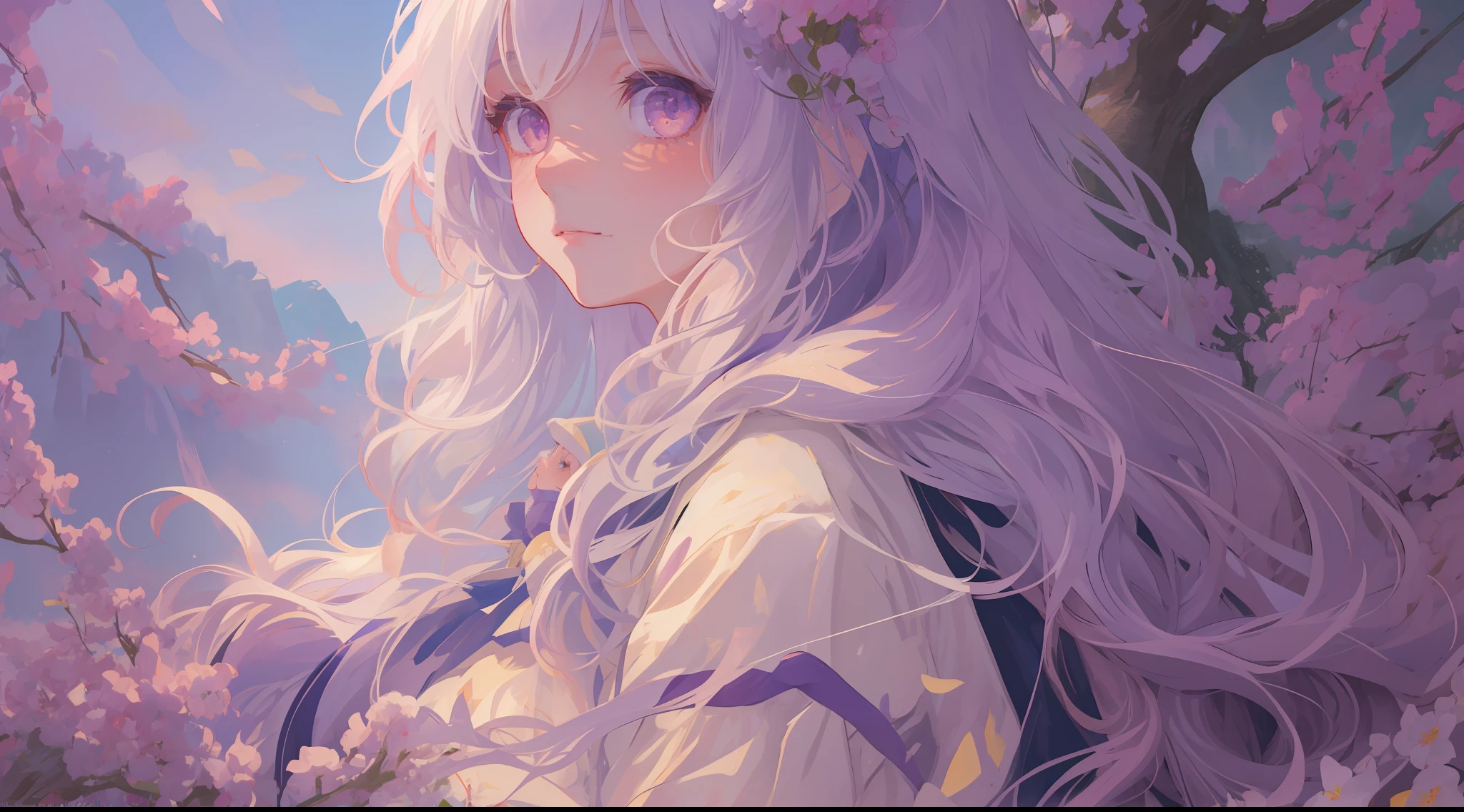 (1girl:1.2), slight blush, hands down, wavy hair, long hair, fluffy hair, white hair, purple eyes, sakura tree, hair flower, capelet, lace trim, bodice, wind, winter, mountain range, mountain sitting near mountain, detailed water, sparkling eyes, light smile, peaceful, extremely detailed, depth of field, cinematic lighting, Ghibli-like colours, high detail, scenery, high place, horizon, wind, wind blow, looking at viewer,  lolita clothes, 8k, bokeh, from side, award winning, (masterpiece:1.2), best quality, anatomically correct, perfect hands