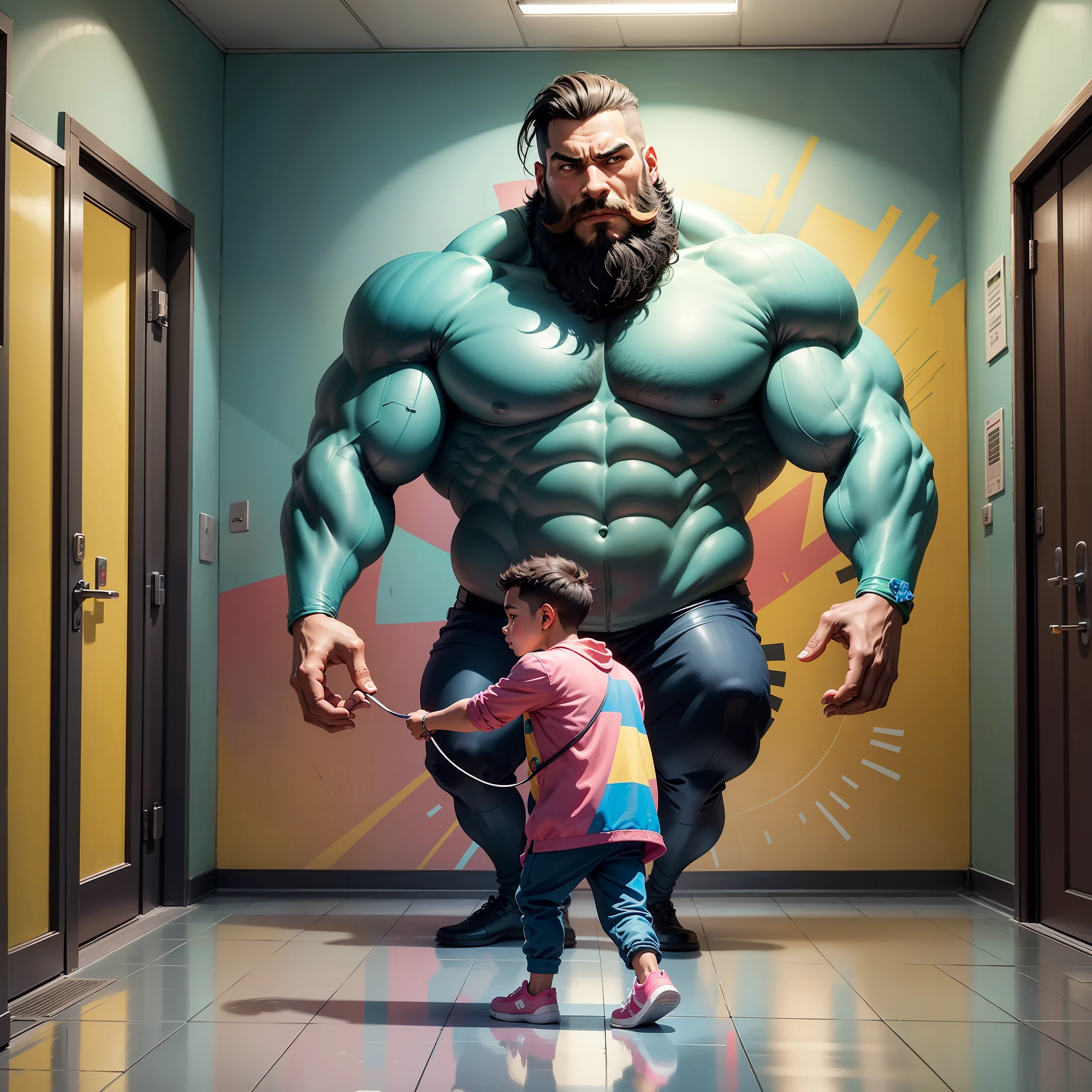 Marcus, the doctor, a tall and muscular man, with a modern haircut, beard, and an imposing presence, strolled through the brightly lit corridors of the pediatric ward. The atmosphere was vibrant and filled with colors reminiscent of Romero Britto's art style. The walls were adorned with cheerful and whimsical paintings, depicting joyful scenes of children playing and animals in playful poses. --auto --s2