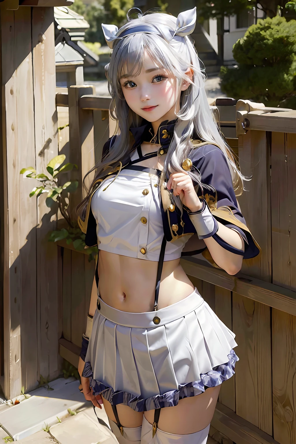 (masterpiece, best quality, ultra high res, (photo realistic:1.3), raw photo, expressive eyes, perfect face, beautiful girl, japanese girl, teen, young, 16, years old, round head, smiling, Sistine fibel, sistineFibeldef, sistineFibelrnd, White hair, green eyes, capelet, crop top, gold trim, hair band, long hair, looking at viewer, midriff, miniskirt, navel, pleated skirt, shirt, skirt, stomach, white shirt, White skirt,