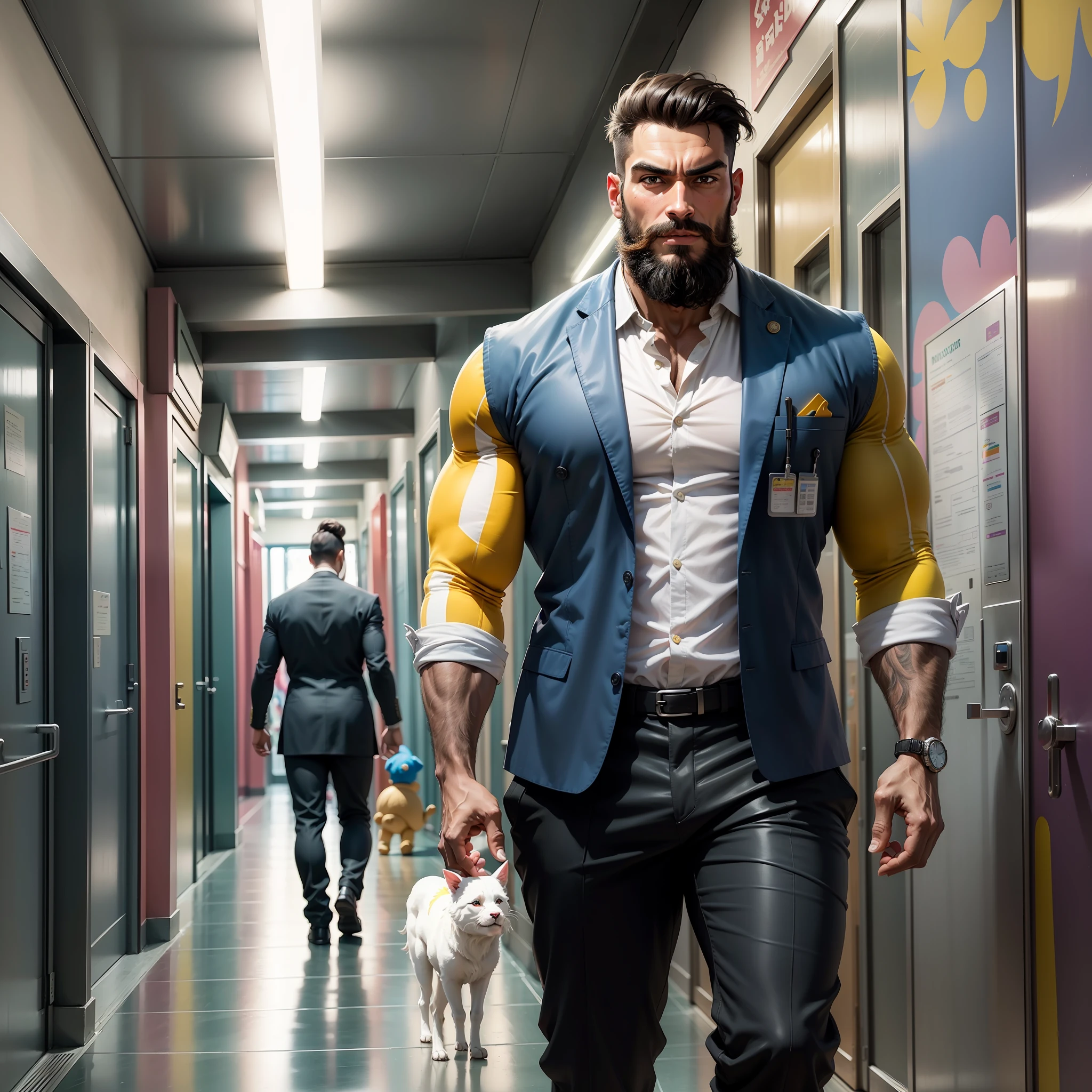 Marcus, the doctor, a tall and muscular man, with a modern haircut, beard, and an imposing presence, strolled through the brightly lit corridors of the pediatric ward. The atmosphere was vibrant and filled with colors reminiscent of Romero Britto's art style. The walls were adorned with cheerful and whimsical paintings, depicting joyful scenes of children playing and animals in playful poses. --auto --s2