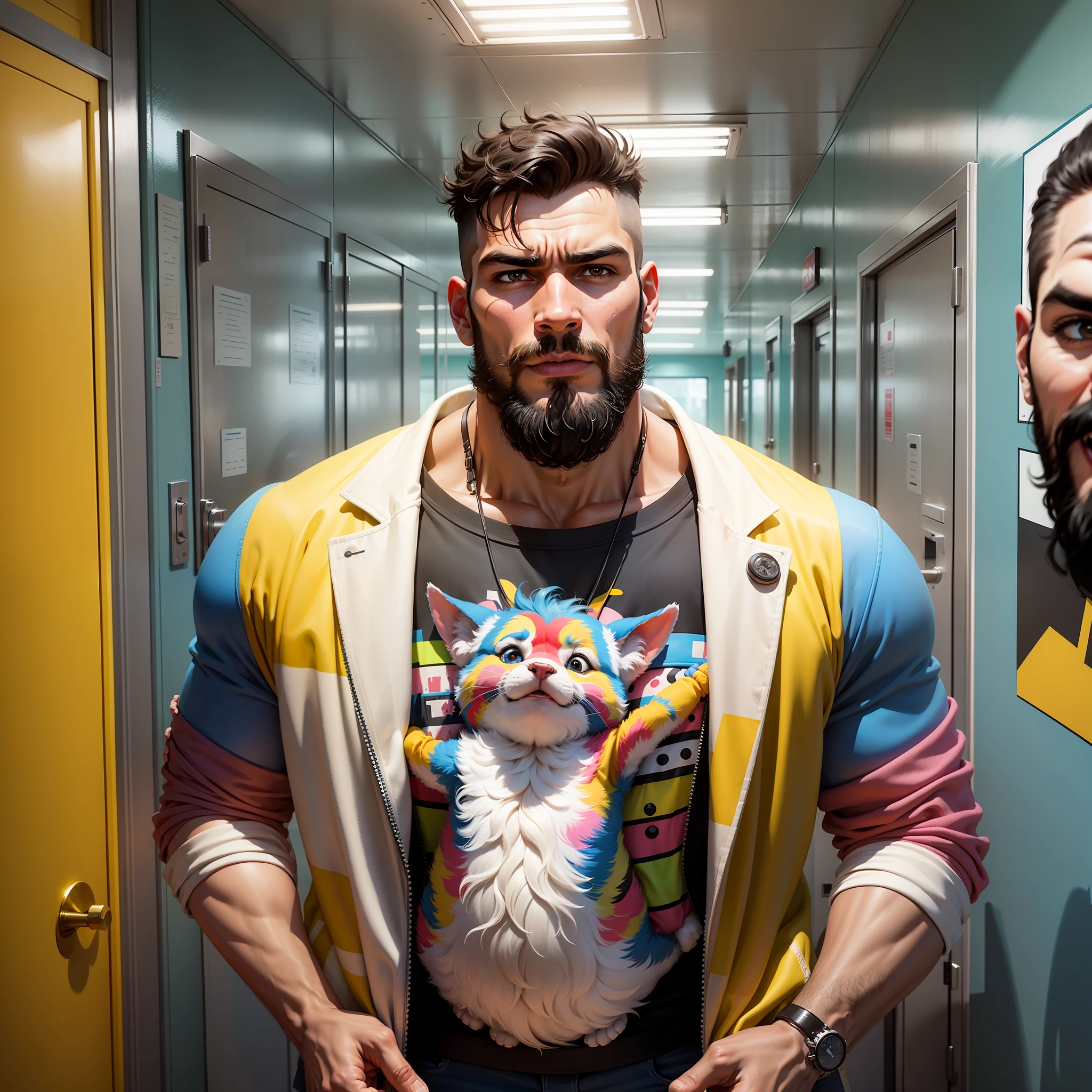 Marcus, the doctor, a tall and muscular man, with a modern haircut, beard, and an imposing presence, strolled through the brightly lit corridors of the pediatric ward. The atmosphere was vibrant and filled with colors reminiscent of Romero Britto's art style. The walls were adorned with cheerful and whimsical paintings, depicting joyful scenes of children playing and animals in playful poses. --auto --s2
