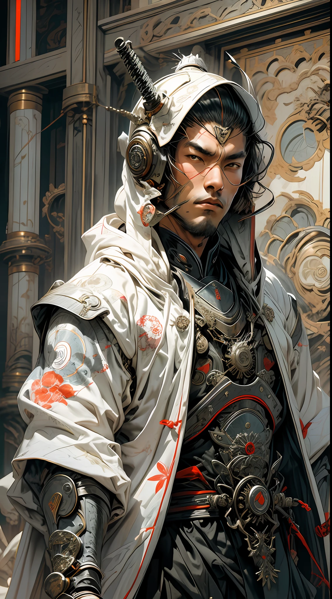 A futuristic samurai knight in white armor and oriental fabric clothing, hood and gears
