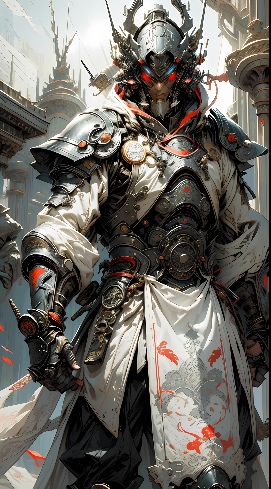 A futuristic samurai knight in white armor and oriental fabric clothing, hood and gears