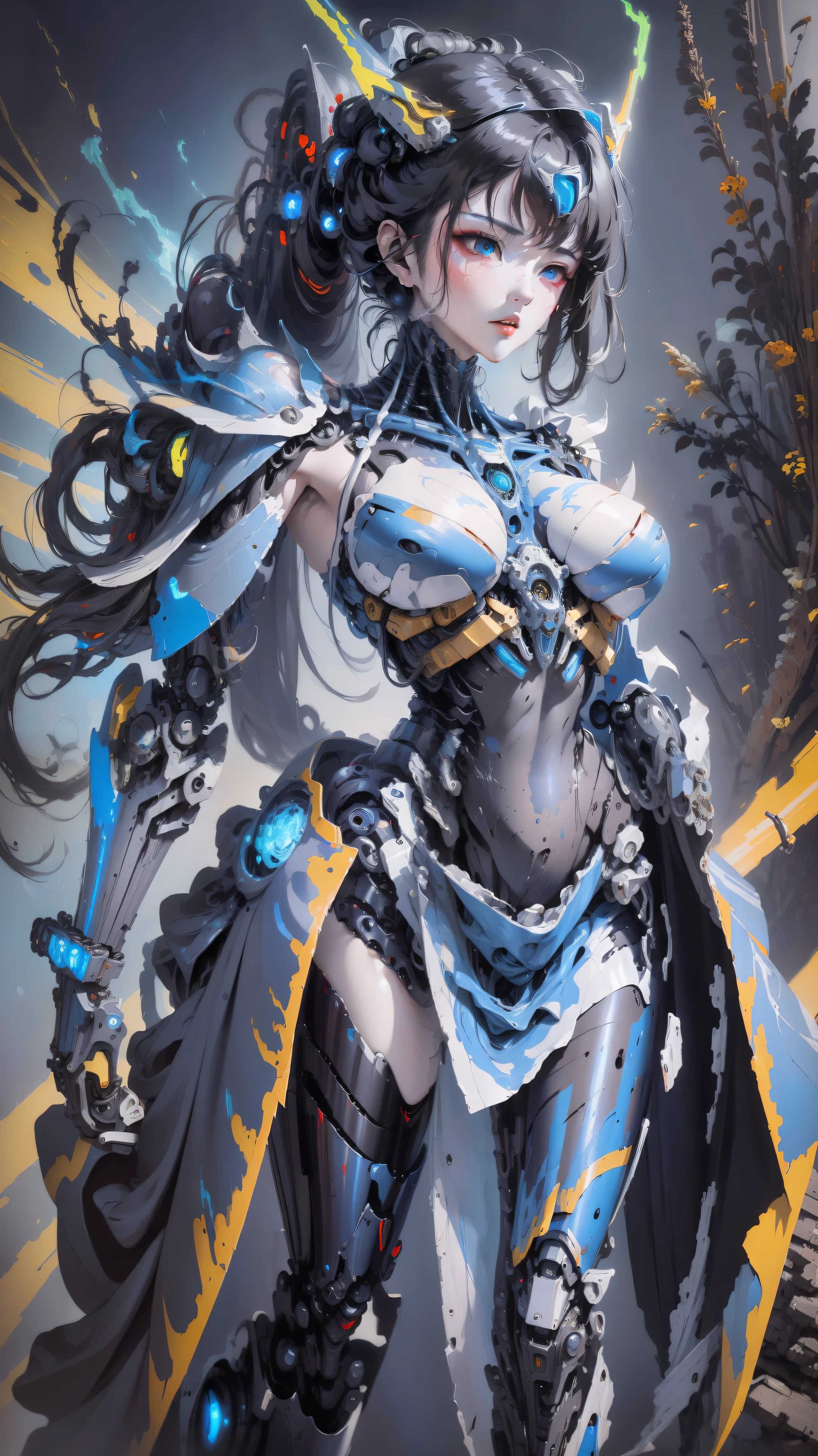 Cyberpunk-themed mecha warrior woman, (wearing:1.2) exoskeleton armor, (glowing:1.4) energy lines, in a combat pose, (impressionism:1.1), ('rough painting style':1.5), ('palette knife':1.2), fierce heroine influenced by (H. R. Giger's:1.3) biomechanical designs, surrounded by futuristic dystopian cityscape, (dramatic:1.1), moody lighting