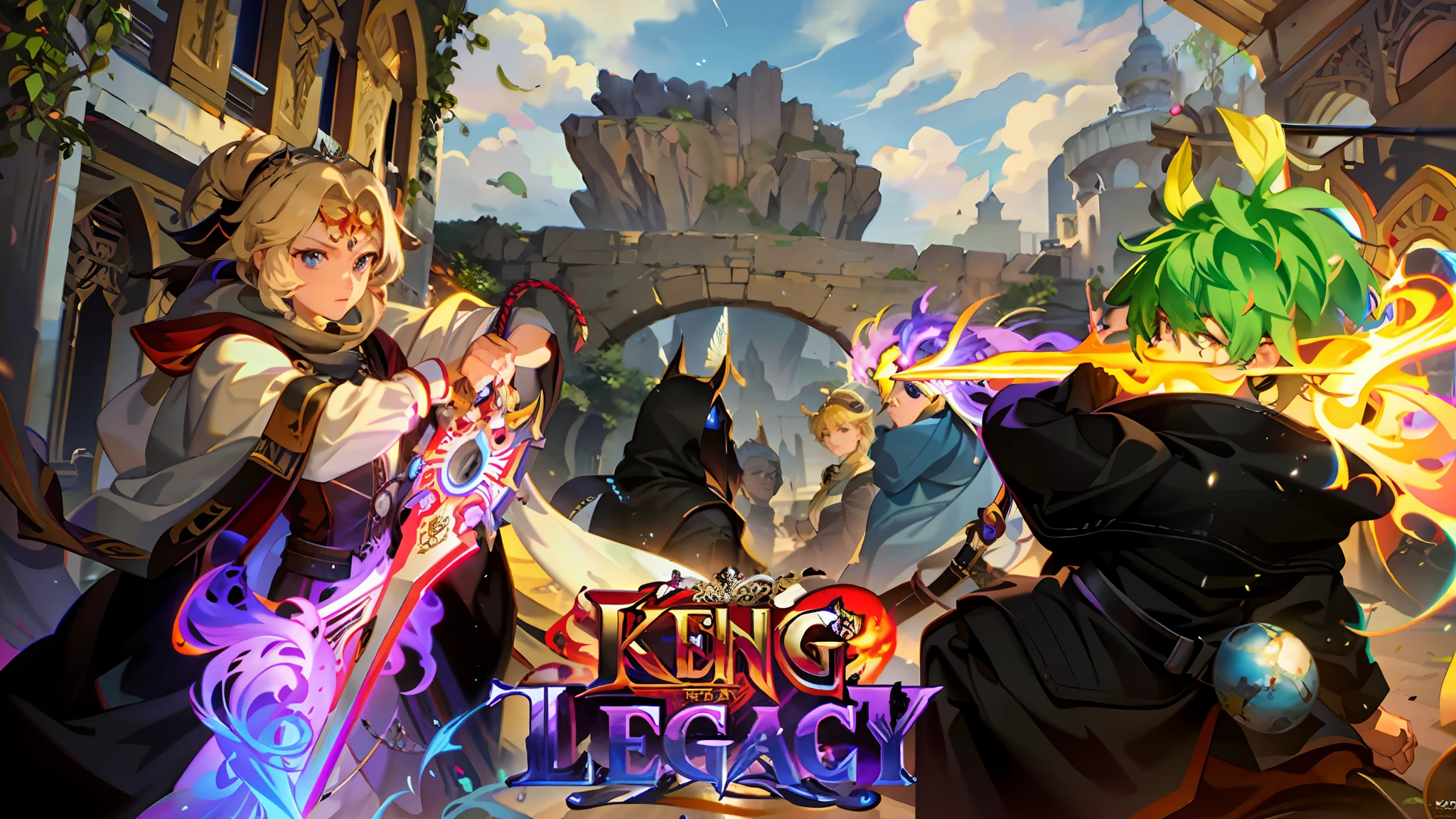 a closeup of a person holding a sword in a game, key art, legacy, game key art, loading screen, official art, loading screen", pc screenshot, official splash art, box art, promotional art, by Ignacio Zuloaga, king of the time reaper, cover of a new video game, game cover, loading screen, king, album art written king legacy in the middle bottom