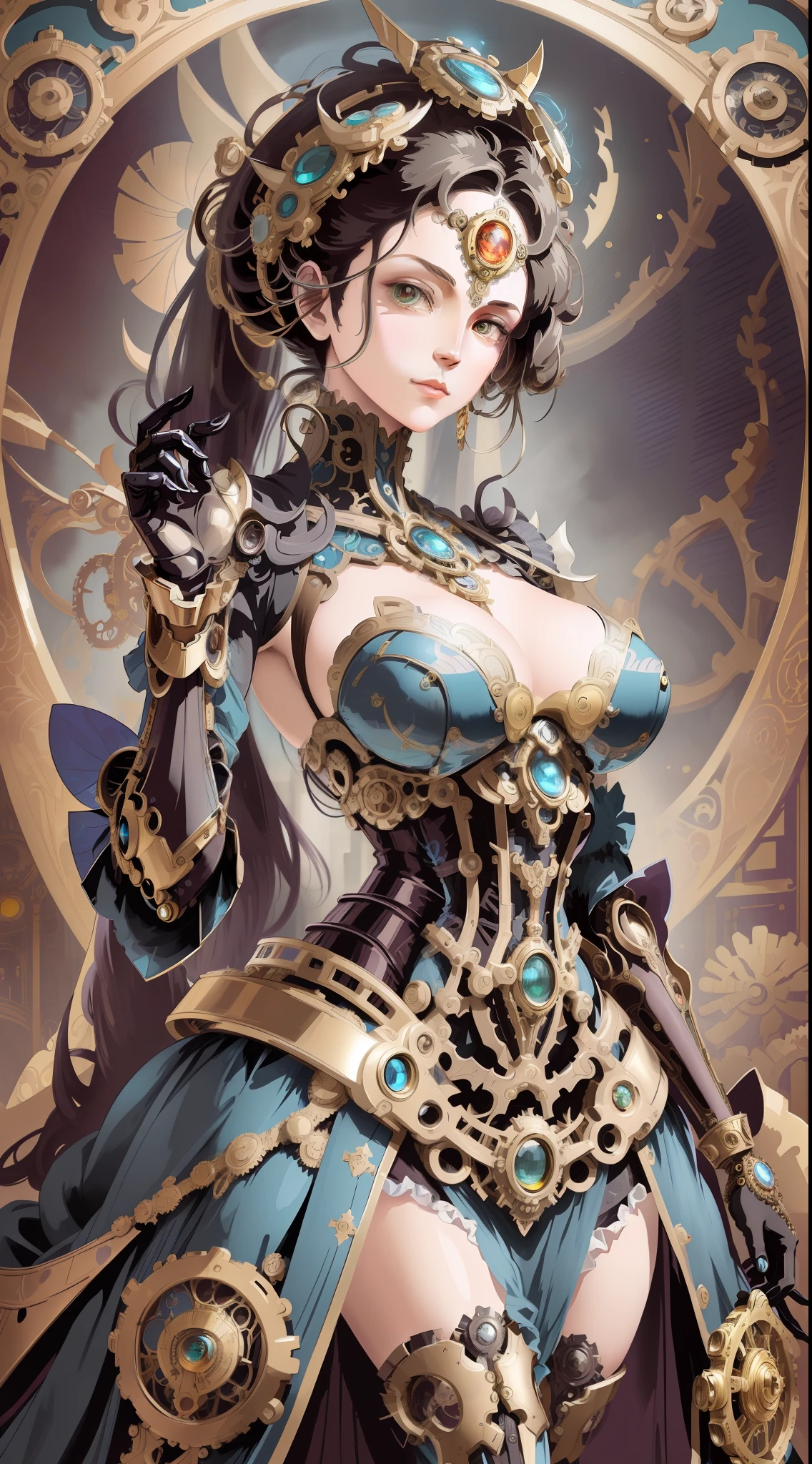 Avant-garde fusion of steampunk mecha and elegant Victorian-era female protagonist, intricate gears and machinery, (vibrant colors:1.3), (high detail:1.5), reminiscent of (Alphonse Mucha:1.2) art nouveau portraits, tophat adorned with brass goggles, (futuristic mechanical augmentations:1.1), lavish gown, (graceful:1.3) pose, complemented by an industrial revolution-inspired backdrop
