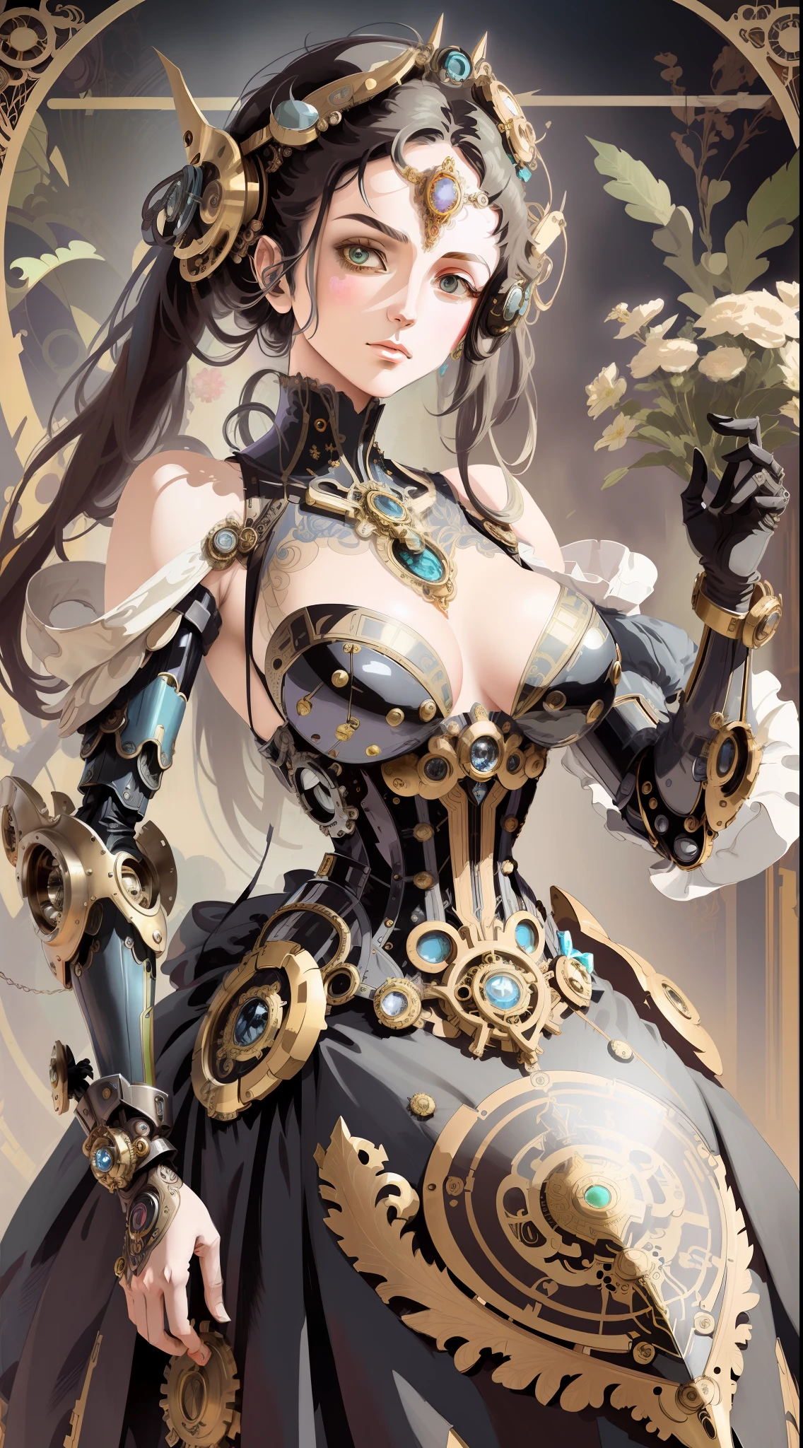 Avant-garde fusion of steampunk mecha and elegant Victorian-era female protagonist, intricate gears and machinery, (vibrant colors:1.3), (high detail:1.5), reminiscent of (Alphonse Mucha:1.2) art nouveau portraits, tophat adorned with brass goggles, (futuristic mechanical augmentations:1.1), lavish gown, (graceful:1.3) pose, complemented by an industrial revolution-inspired backdrop