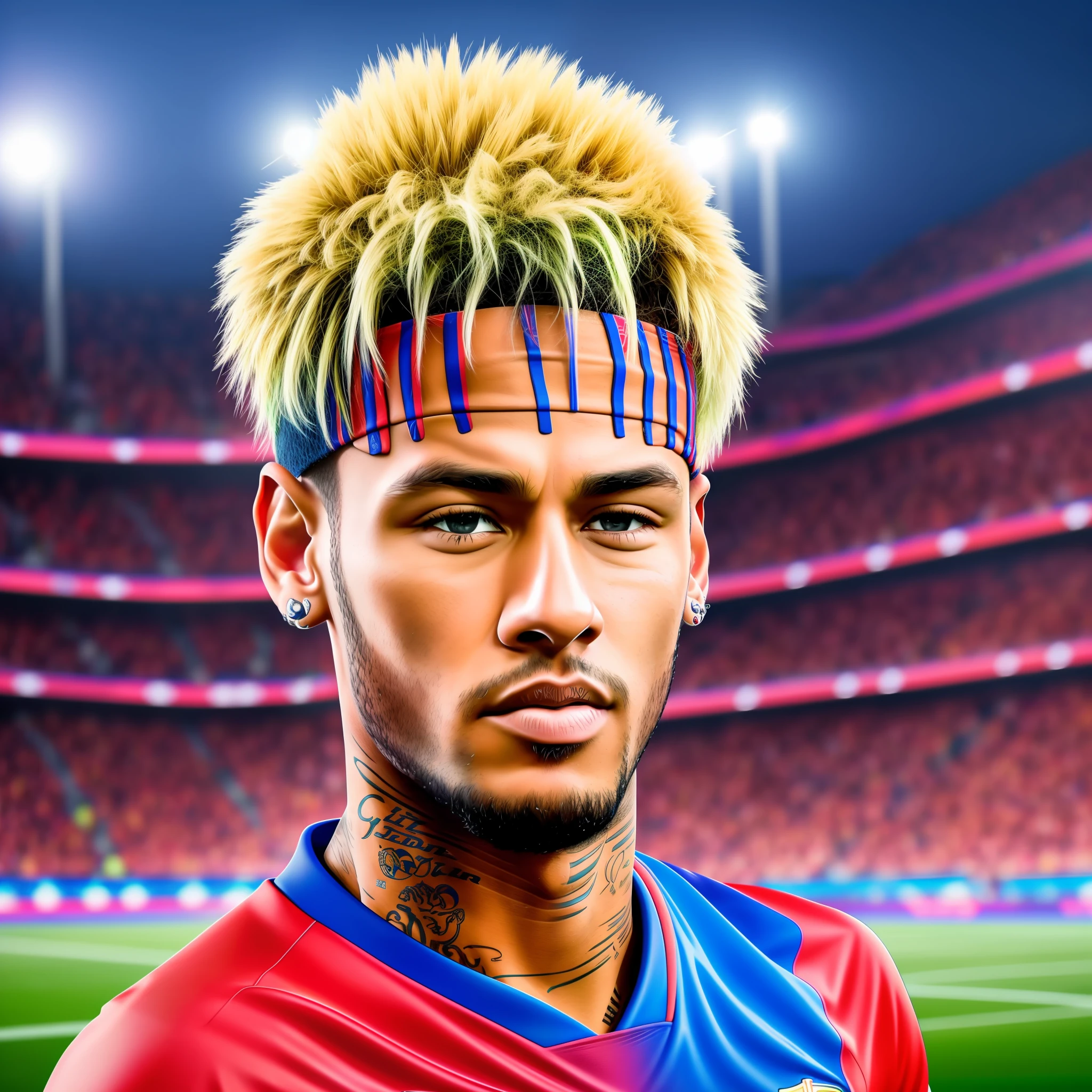 neymar, inside a football field, bright, ((best qualidads)) 8k UHD, neon edges, wearing Barcelona football shirt, closeup