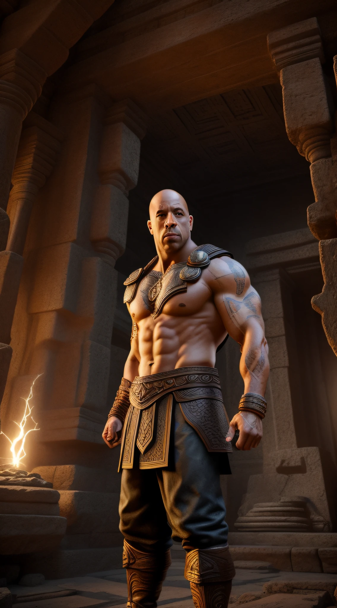intricate details, Actor Vin Diesel, such as kratos from the god of war, in a landscape full of rocks, and statue of god Thor, in ancient temple, perfect features, dramatic, cinematic lighting, highlight lighting, SSAA, smooth rendering, no noise testing, social realism, realism, ray tracing, reflection light, high quality, high details, super detail, 8k, 16k, best quality