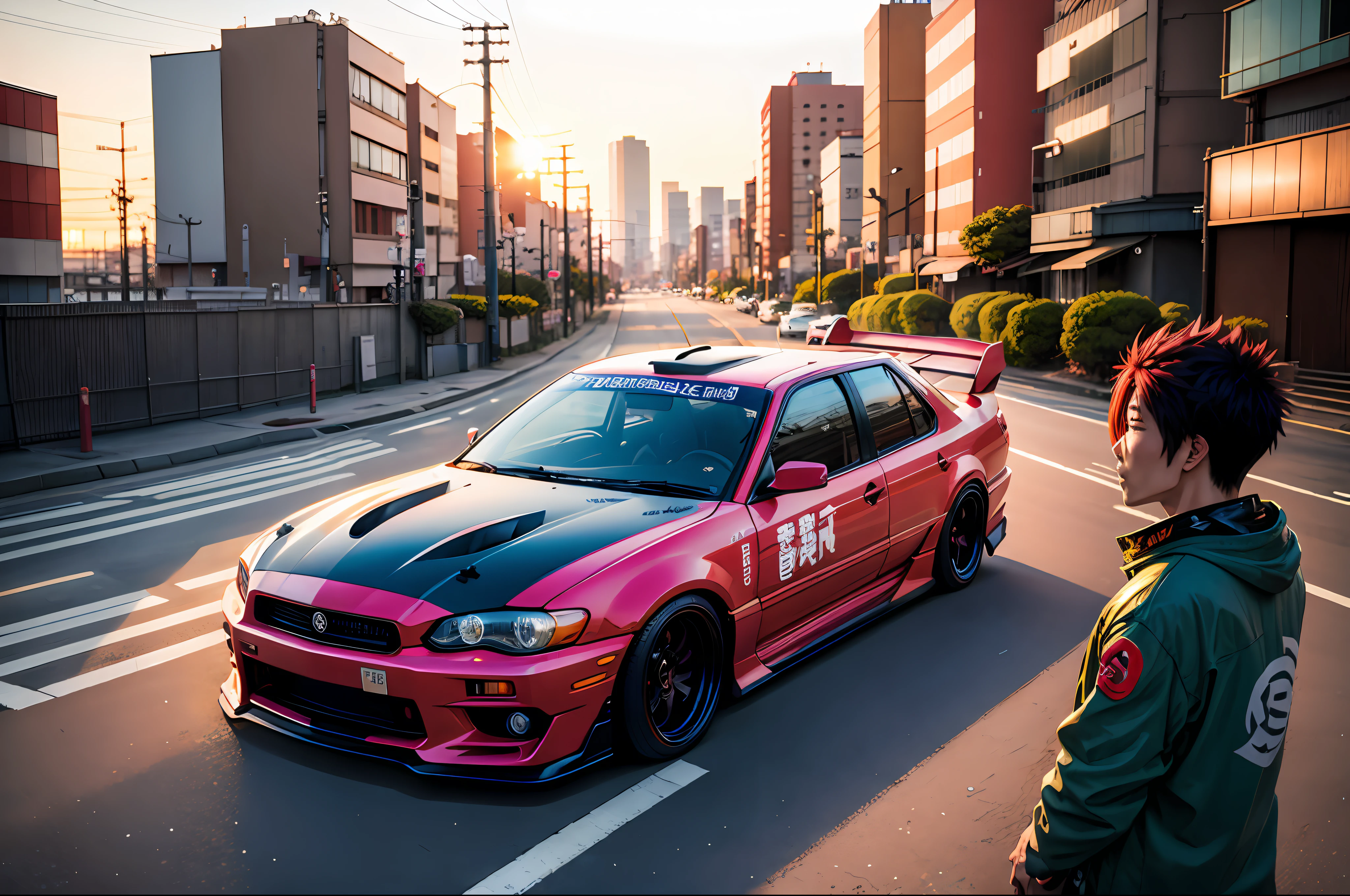 Tokyo Soda,drift car,tokyo city sunset,gibli style