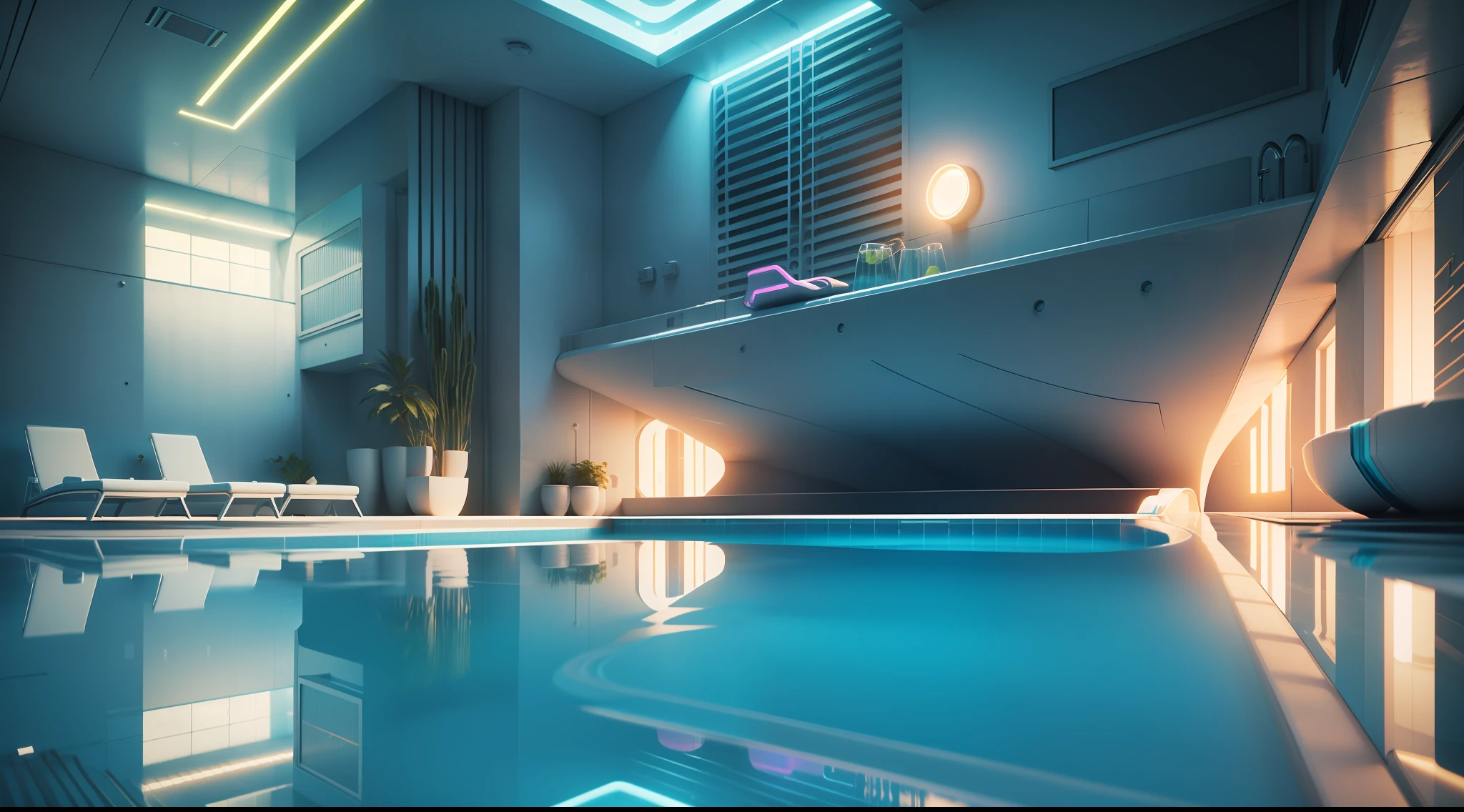 A close-up of a pool with a sun lounger, neon, a pool inside a cyberpunk building, futuristic architectural art, cyberpunk architecture, Vincent Callebaut, dream pool, beautiful 3D rendering, beautiful 3D rendering, underwater house