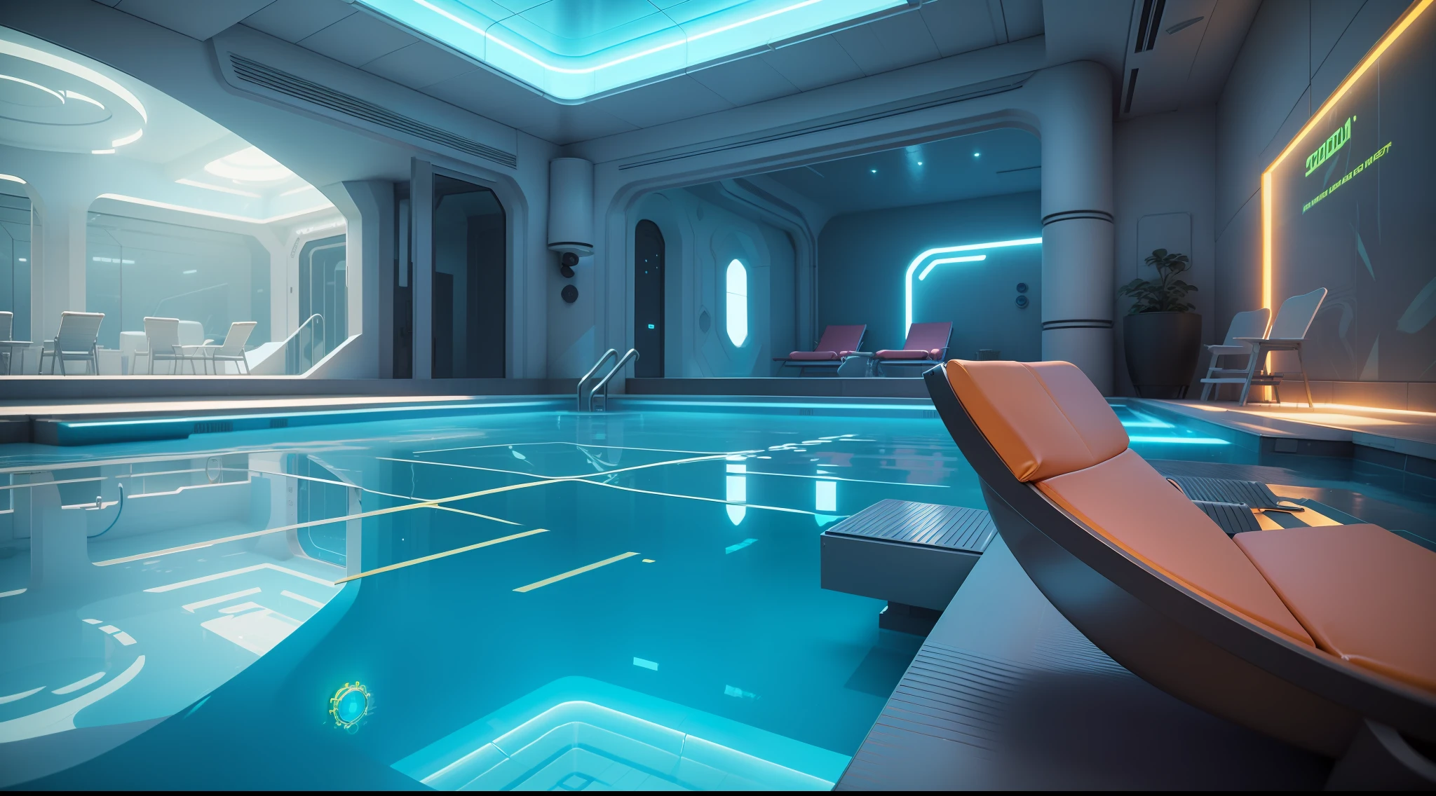 A close-up of a pool with a sun lounger, neon, a pool inside a cyberpunk building, futuristic architectural art, cyberpunk architecture, Vincent Callebaut, dream pool, beautiful 3D rendering, beautiful 3D rendering, underwater house