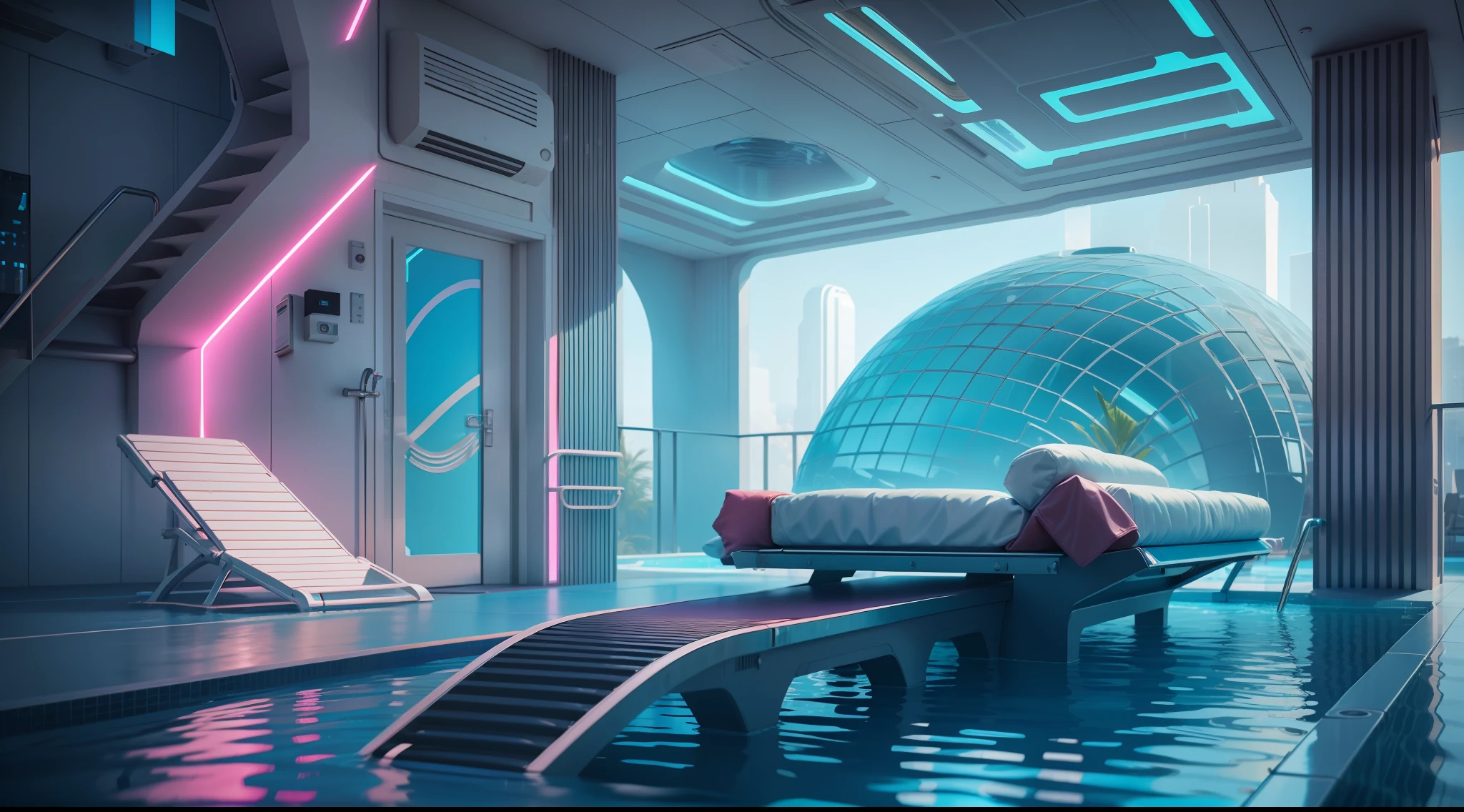 A close-up of a pool with a sun lounger, neon, a pool inside a cyberpunk building, futuristic architectural art, cyberpunk architecture, Vincent Callebaut, dream pool, beautiful 3D rendering, beautiful 3D rendering, underwater house