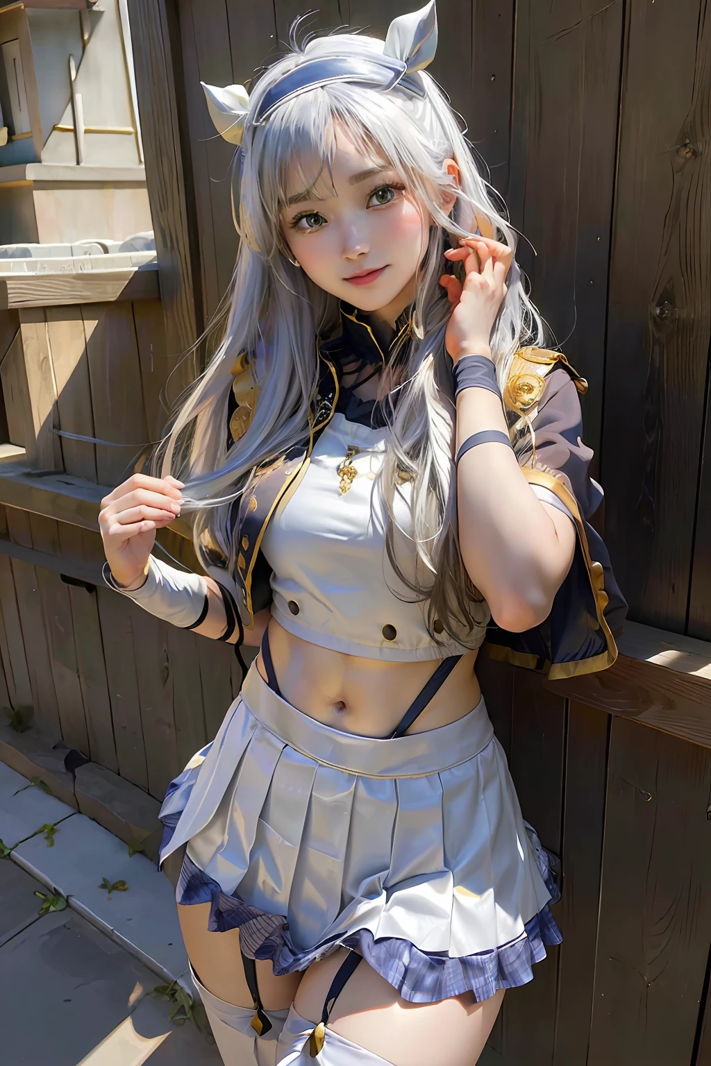 (masterpiece, best quality, ultra high res, (photo realistic:1.3), raw photo, expressive eyes, perfect face, beautiful girl, japanese girl, teen, young, 16, years old, round head, smiling, Sistine fibel, sistineFibeldef, sistineFibelrnd, White hair, green eyes, capelet, crop top, gold trim, hair band, long hair, looking at viewer, midriff, miniskirt, navel, pleated skirt, shirt, skirt, stomach, white shirt, White skirt,