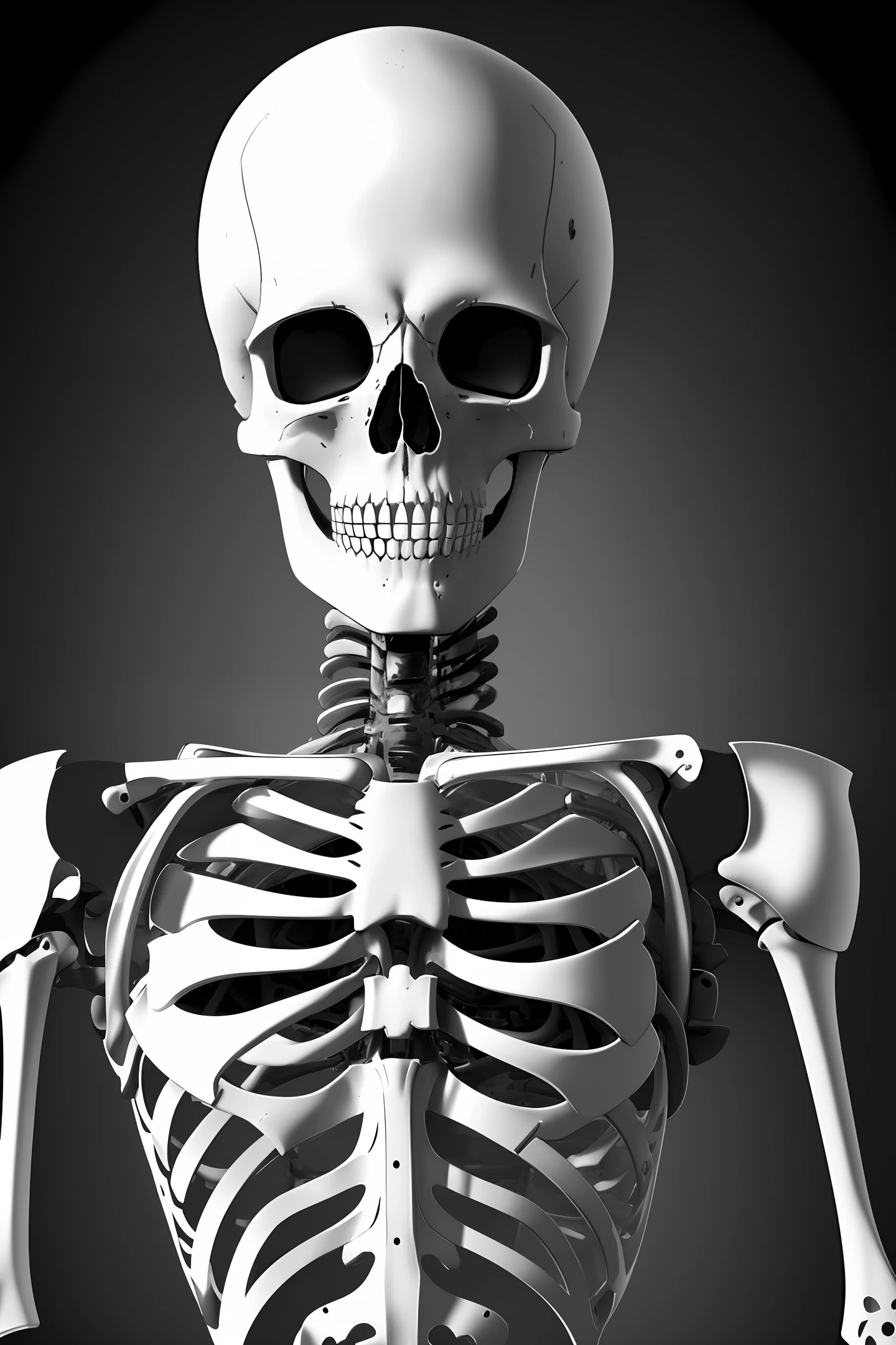 Portrait of a realistic skeleton with a heart in its chest, black and white contrast lighting in 4k