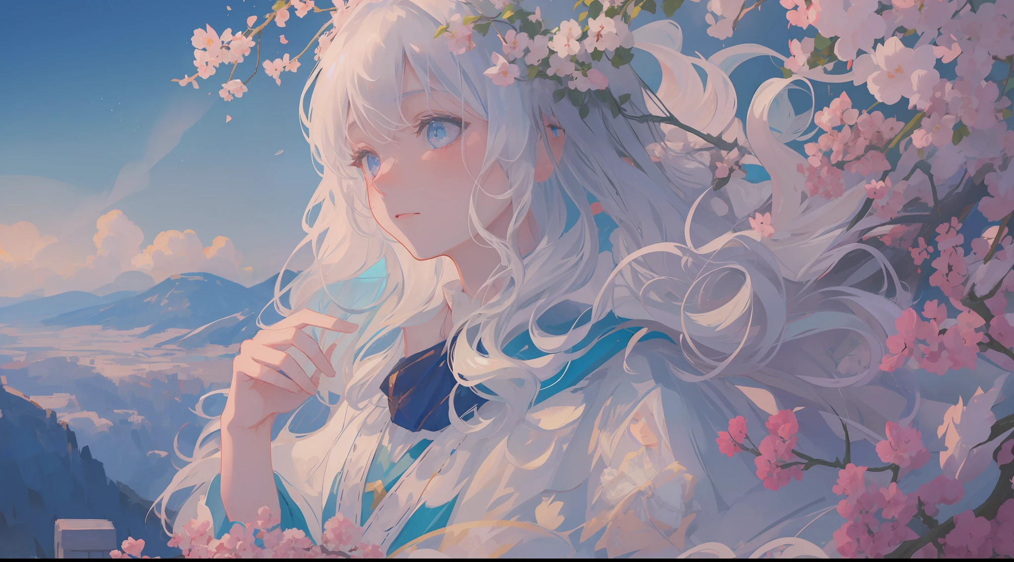 (1girl:1.2), slight blush, hands down, wavy hair, long hair, fluffy hair, white hair, light blue eyes, sakura tree, hair flower, capelet, lace trim, bodice, wind, winter, mountain range, mountain sitting near mountain, detailed water, sparkling eyes, light smile, peaceful, extremely detailed, depth of field, cinematic lighting, Ghibli-like colours, high detail, scenery, high place, horizon, wind, wind blow, looking at viewer,  ****ta clothes, 8k, bokeh, from side, award winning, (masterpiece:1.2), best quality, anatomically correct, perfect hands