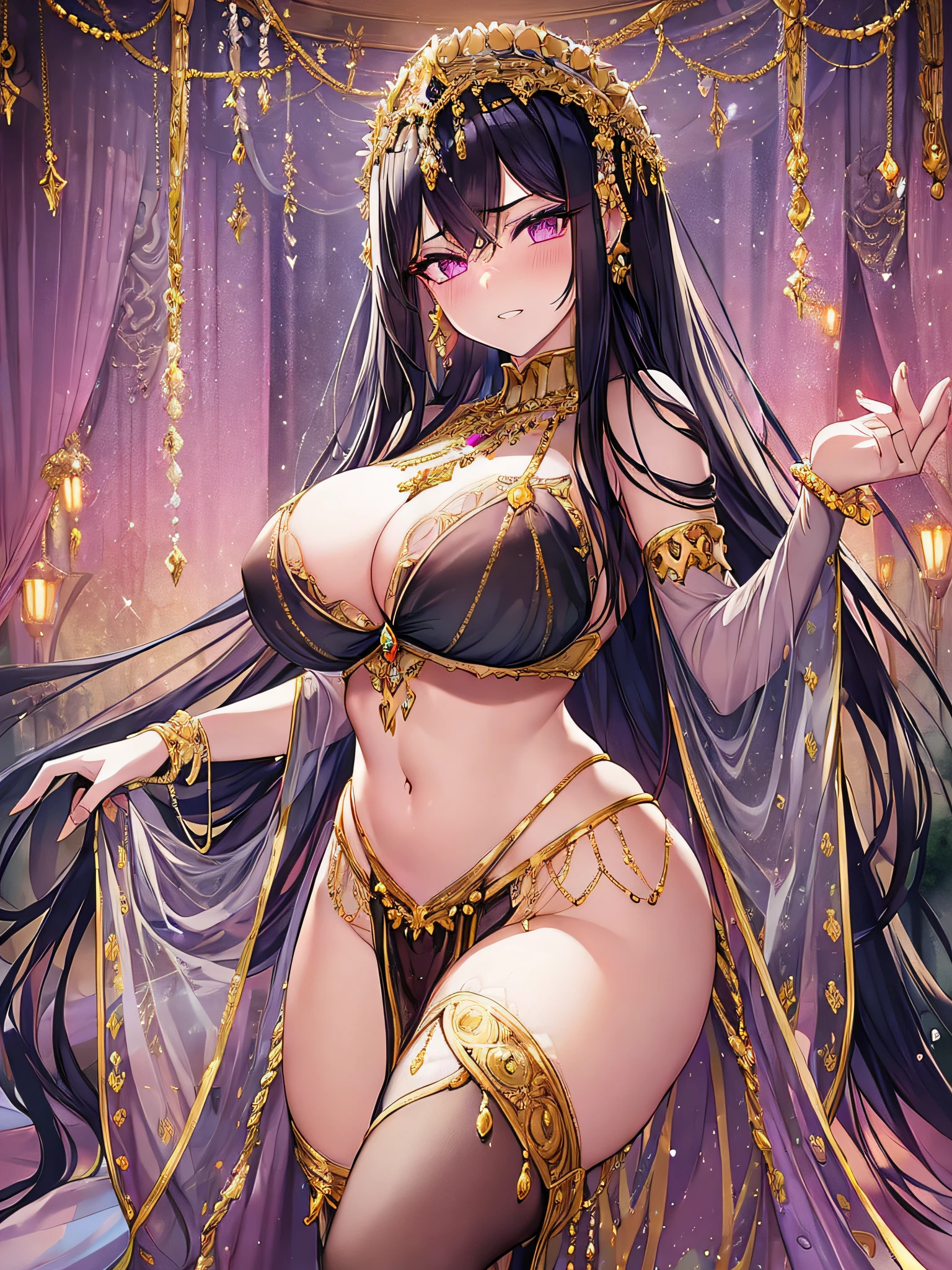 ((vulgarity)),((anime moe artstyle)),((Masterpiece)), (Best Quality), (Super Detail), Illustration, (((Very Delicate and Beautiful))),Dynamic Angle,Looking at viewer,((((Solo)))),(((Full body))),(((1 arrogant empress standing in the royal bedroom))),(((nude))),((((gigantic breasts)))),cleavage,(((skindentation))),((((jeweled See-through loose bra with gorgeous embroidery)))),erect nipple,(((jeweled gorgeous embroidery See-through panties))),((gold trim)),(arrogant),((clenched teeth)),(((blush))),(Purple eyes),Sharp eyes,Detailed Face, Long Eyelashes,Jet Black Hair,Straight Hair,((Very Long Hair)),Bangs between eyes,((curvy)),See-through,((navel piacing)), (((waist jeweled brooch))),jeweled thigh strap, jeweled arm ring, anklet, jeweled armlet,long gloves,Beautifully Gorgeous jeweled big tiara,Beautifully Gorgeous gem earrings,Beautifully Gorgeous jeweled necklace,Beautifully Gorgeous jeweled ornaments,indoor,light particles,royal bedroom,