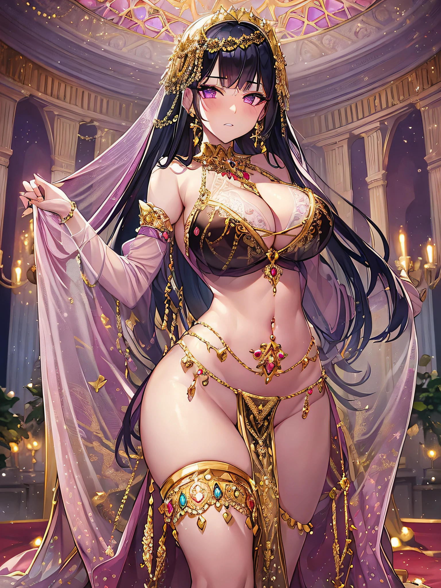 ((vulgarity)),((anime moe artstyle)),((Masterpiece)), (Best Quality), (Super Detail), Illustration, (((Very Delicate and Beautiful))),Dynamic Angle,Looking at viewer,((((Solo)))),(((Full body))),(((1 arrogant empress standing in the royal bedroom))),(((nude))),((((gigantic breasts)))),cleavage,(((skindentation))),((((jeweled See-through loose bra with gorgeous embroidery)))),erect nipple,(((jeweled gorgeous embroidery See-through panties))),((gold trim)),(arrogant),((clenched teeth)),(((blush))),(Purple eyes),Sharp eyes,Detailed Face, Long Eyelashes,Jet Black Hair,Straight Hair,((Very Long Hair)),Bangs between eyes,((curvy)),See-through,((navel piacing)), (((waist jeweled brooch))),jeweled thigh strap, jeweled arm ring, anklet, jeweled armlet,long gloves,Beautifully Gorgeous jeweled big tiara,Beautifully Gorgeous gem earrings,Beautifully Gorgeous jeweled necklace,Beautifully Gorgeous jeweled ornaments,indoor,light particles,royal bedroom,