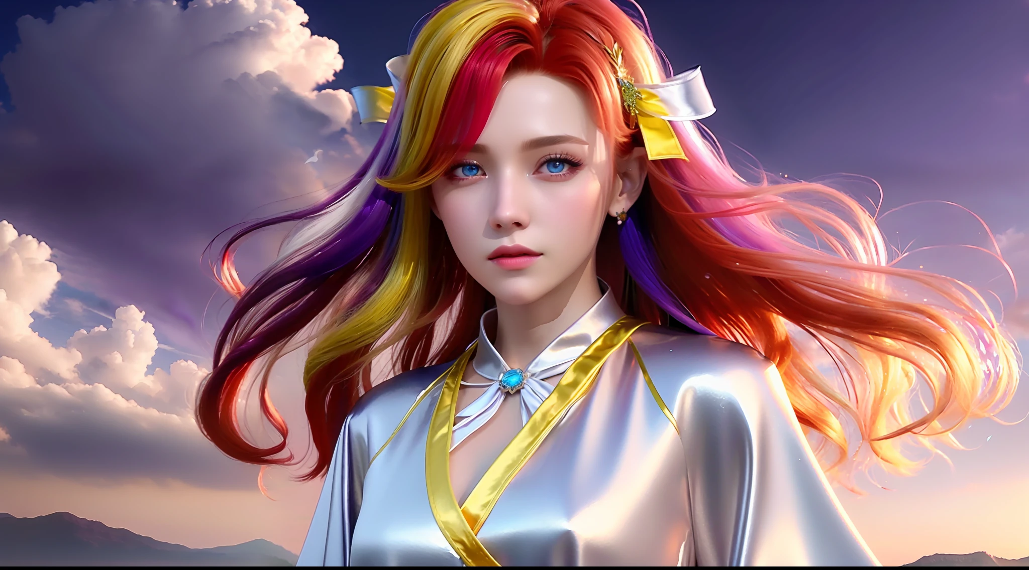 (mastered), top quality, ultra-realistic details, 8k magic CG, perfect illustration, dynamic pose, (1girl), blue eyes, multicolored hair + silver hair:1.3 + red hair:1.2 + purple hair + yellow hair:1.3 + green hair:1.3, wuxia style white clothes, neck ribbon, beautiful face, many drops of water, cloud, twilight, wide plane, watercolor.