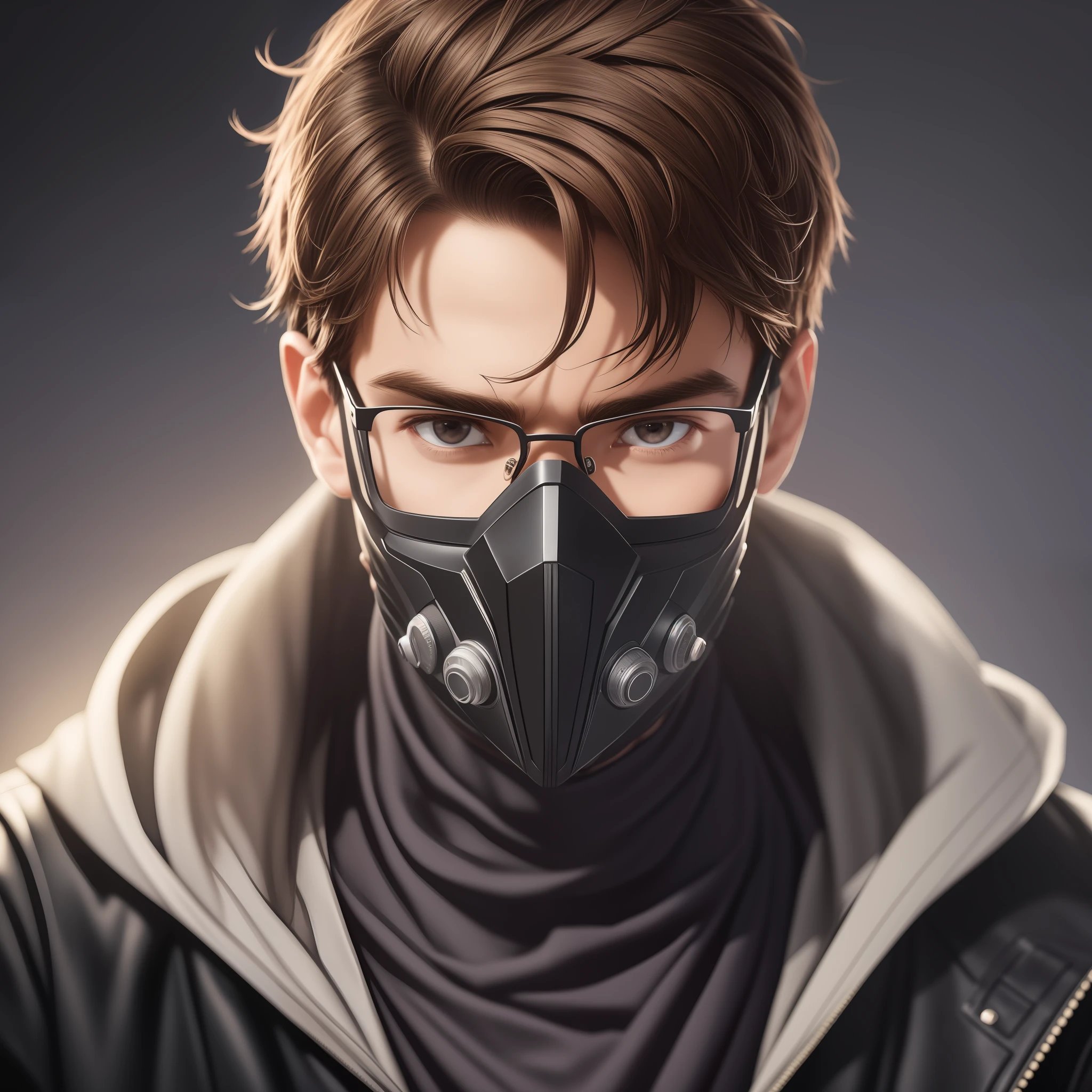 1man, 1.80, wearing a mask to hide his identity, light brown eyes, glasses, presence in the eye as if he were an Alpha predator, very short hair, light brown hair color, super defined 8k hair strands, straight hair, wearing a black overcoat, white skin details, (Realistic), (great lighting), (maximum quality), (many details in every aspect of the image), (100mil megapixels), (masterpiece), (image made by spelelist in photos)