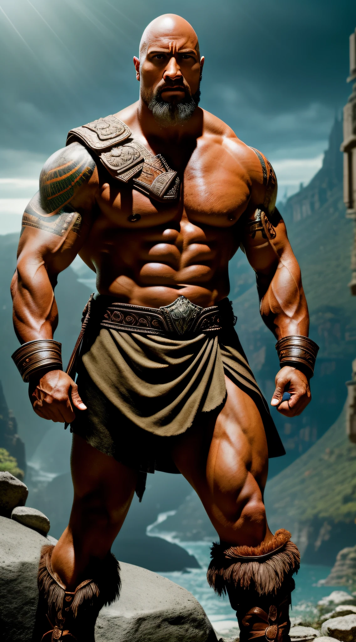 intricate details, actor dwayne johnson, as kratos of god of war, in a landscape full of rocks, and statue of god Thor, in ancient temple, perfect features, dramatic, cinematic lighting, highlight lighting, SSAA, smooth rendering, no noise testing, social realism, realism, ray tracing, reflection light, high quality, high details, super detail, 8k, 16k,  best quality