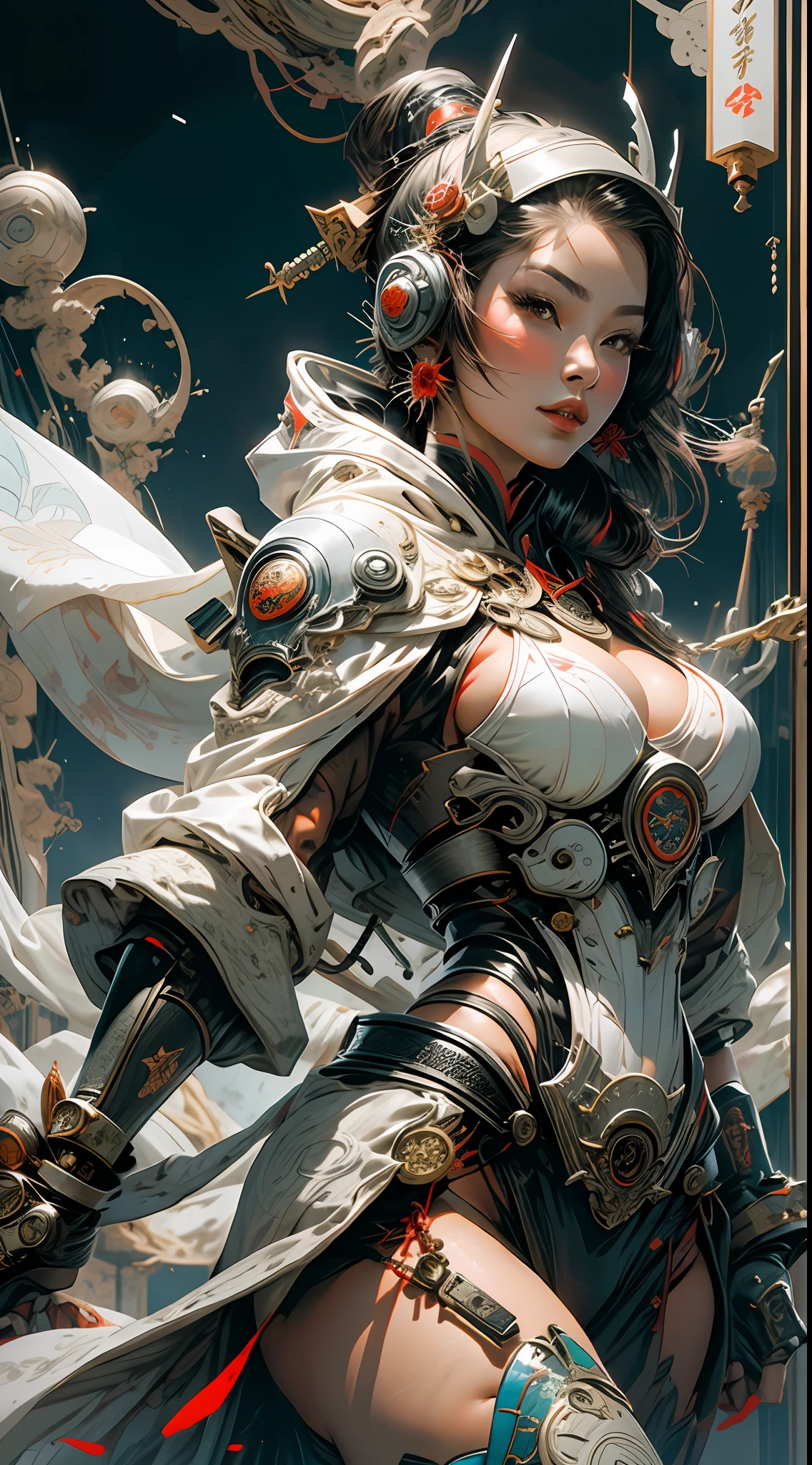 A sexy futuristic samurai woman with white armor and oriental fabric clothes, hood